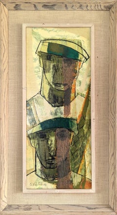Peinture à l'huile suédoise vintage, moderne du milieu du siècle dernier - Figures avec chapeaux