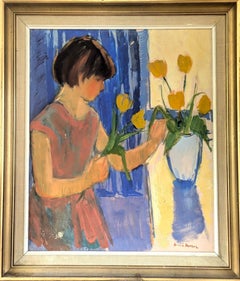 Vintage Mid-Century Modern Swedish Figurative Oil Painting - Girl with Tulips