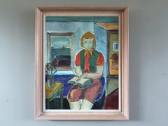 Vintage Mid Century Modern Swedish Figurative Oil Painting - The Reader's Pause