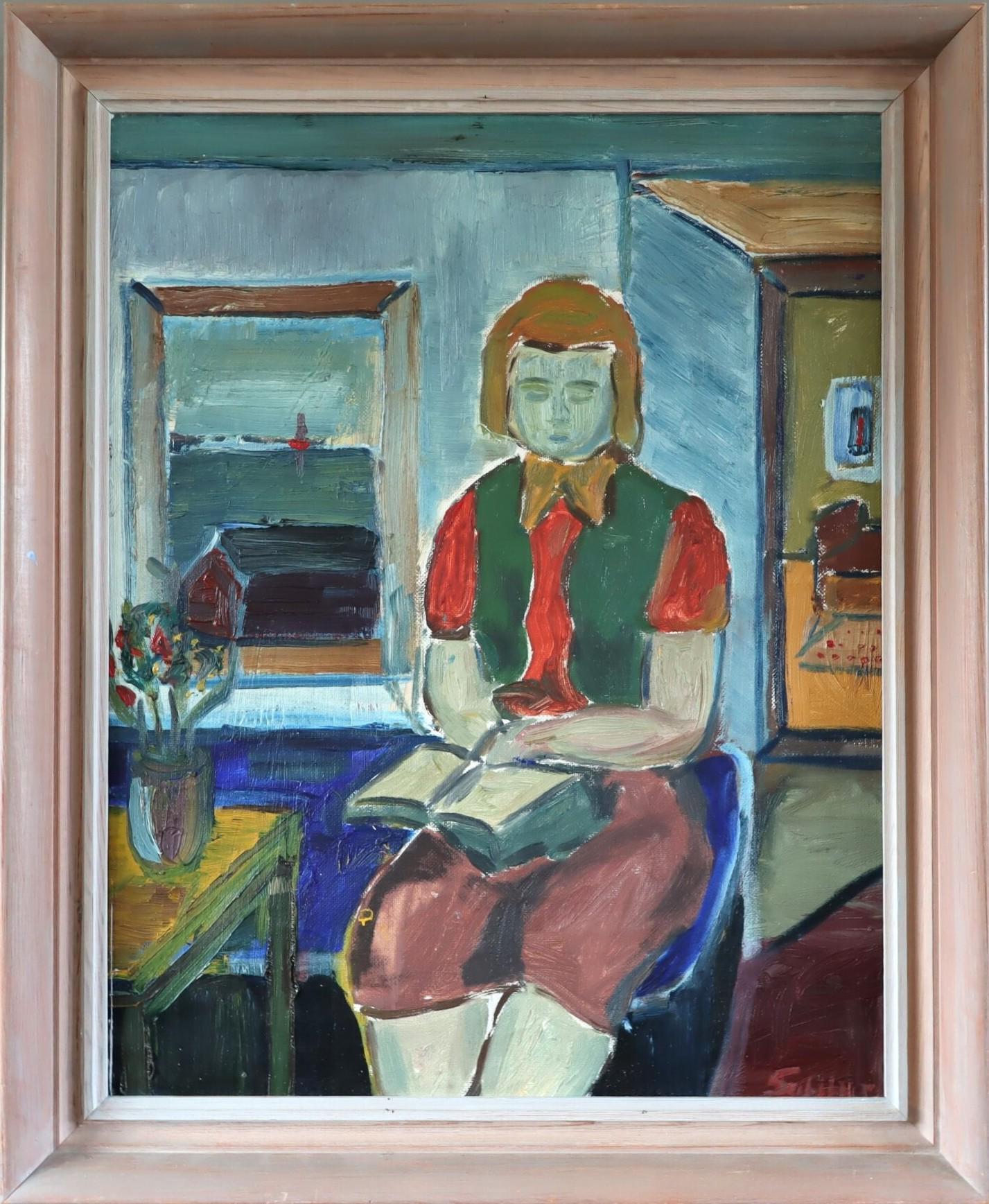 Unknown Figurative Painting - Vintage Mid Century Modern Swedish Figurative Oil Painting - The Reader's Pause