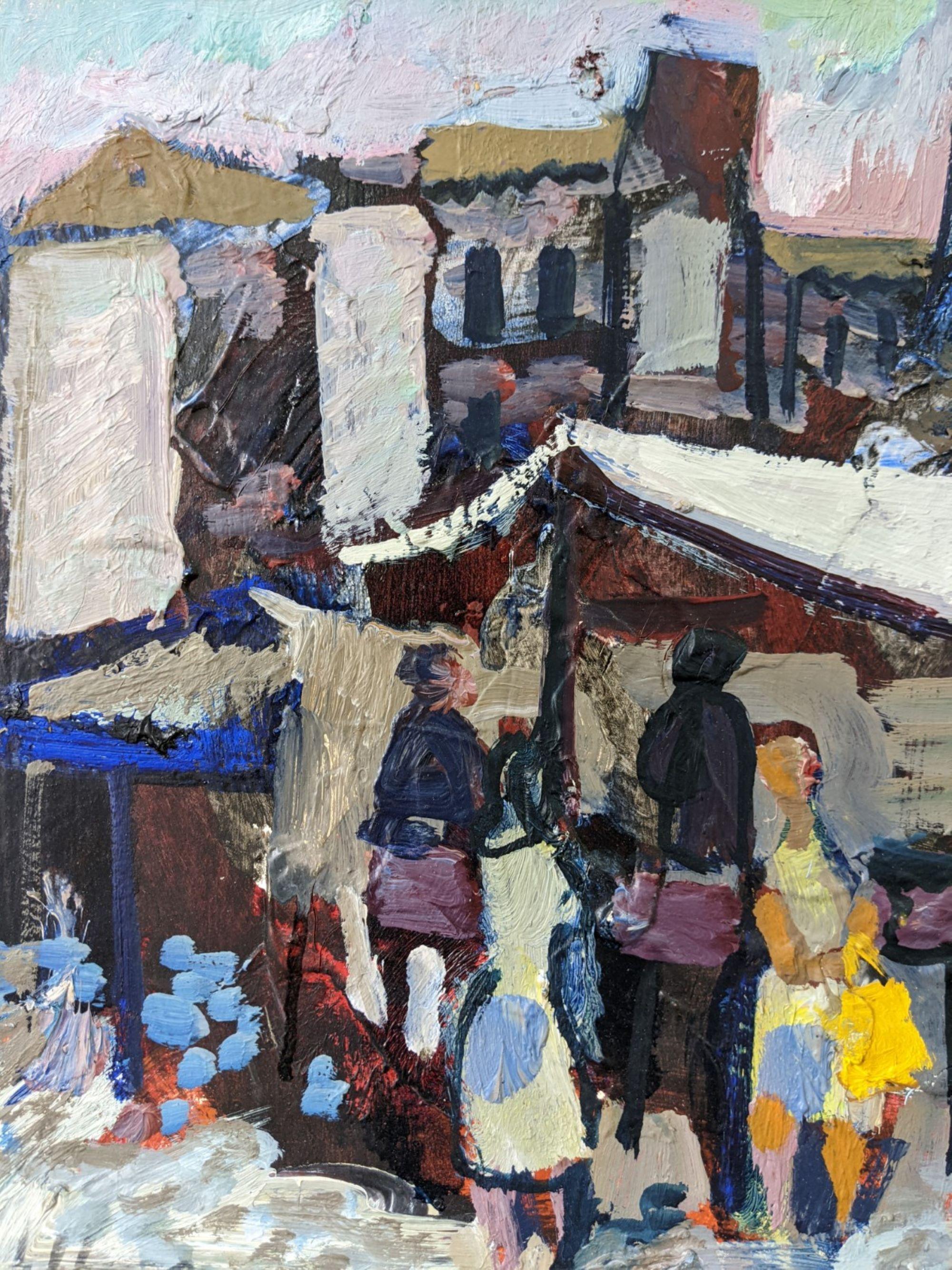 VILLAGE MARKET
Size: 39.5 x 85 cm (including frame)
Oil on board

An outstanding mid century modernist composition in oil, painted onto board.

The composition presents a bustling village scene where a group of female figures in the foreground are