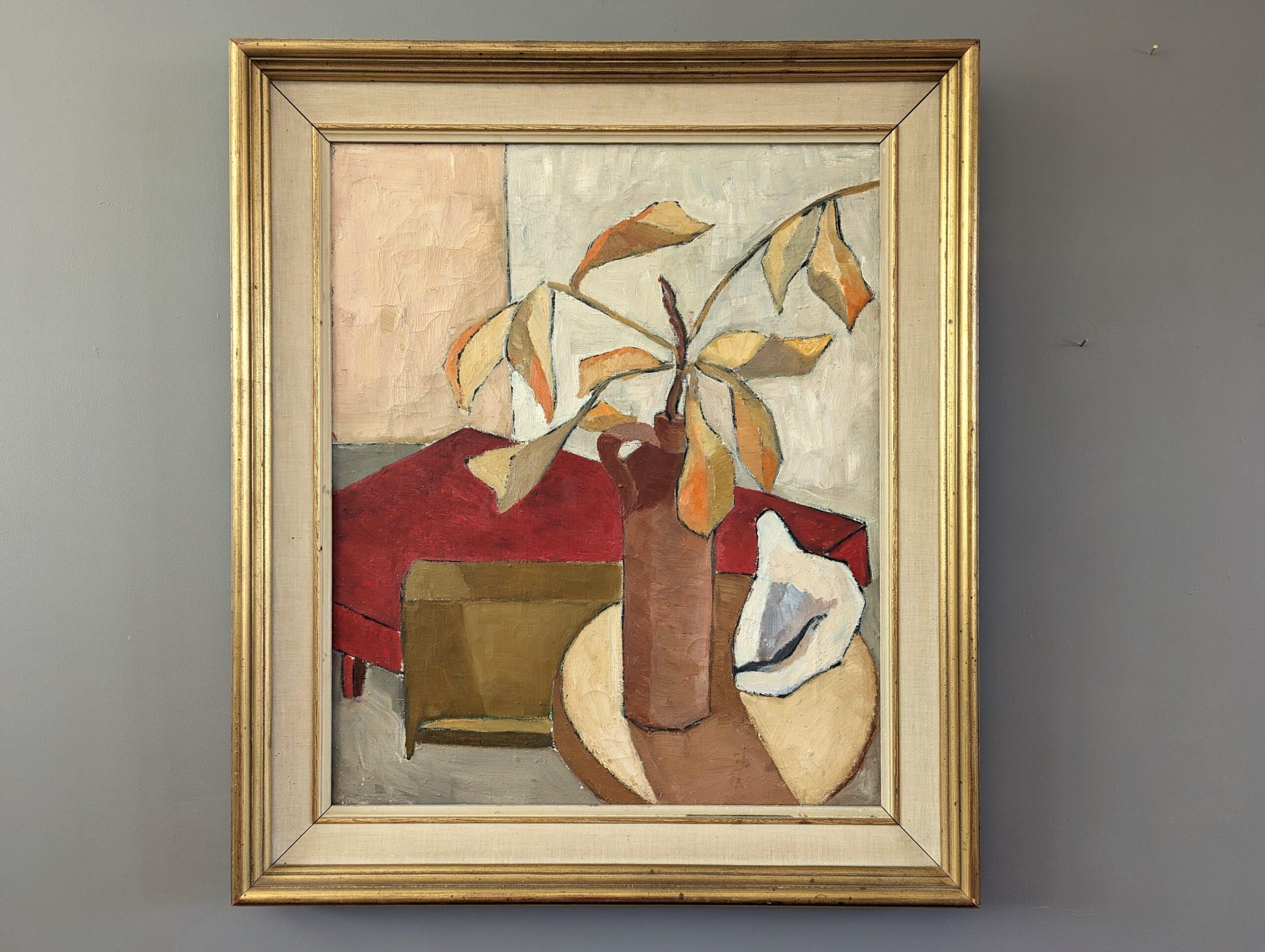 AUTUMN LEAVES 
Size: 69 x 60 cm (including frame)
Oil on Canvas 

A well-balanced mid-century modernist still life composition in oil, painted onto canvas.

Using a distinctly autumnal colour palette comprising earthy brown, orange, rich red, and