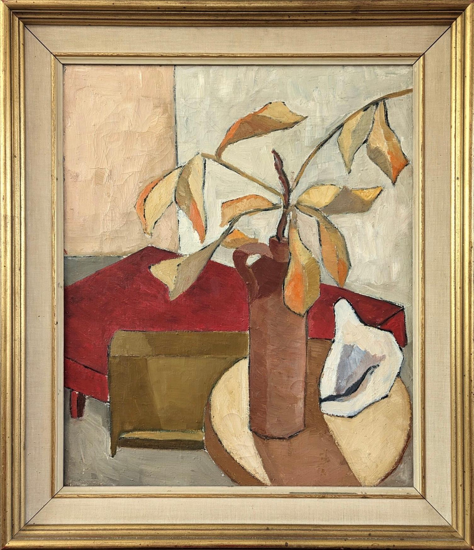 Unknown Still-Life Painting - Vintage Mid-Century Modern Swedish Floral Still Life Oil Painting -Autumn Leaves