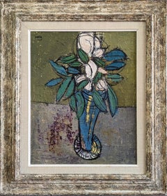 Vintage Mid-Century Modern Swedish Floral Still Life Oil Painting -The Blue Vase