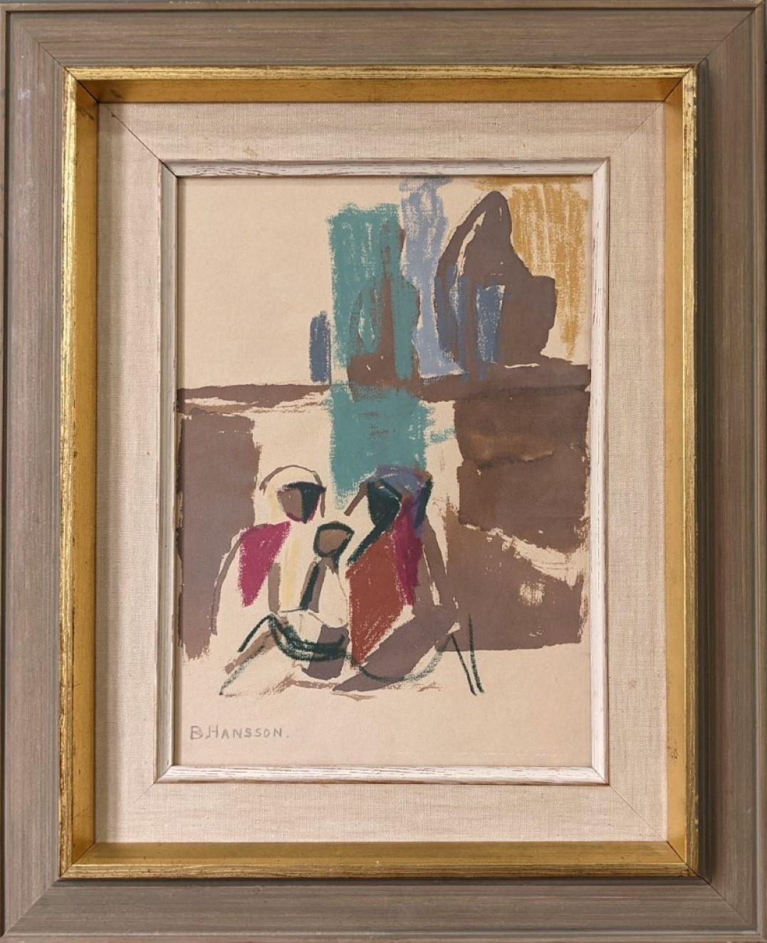 SEATED FIGURES
Size: 47 x 38 cm (including frame)
Watercolour and pastel on paper

An outstanding mid-century figurative composition, executed in pastel and watercolour on paper.

Painted in an abstract manner, all realistic details have been