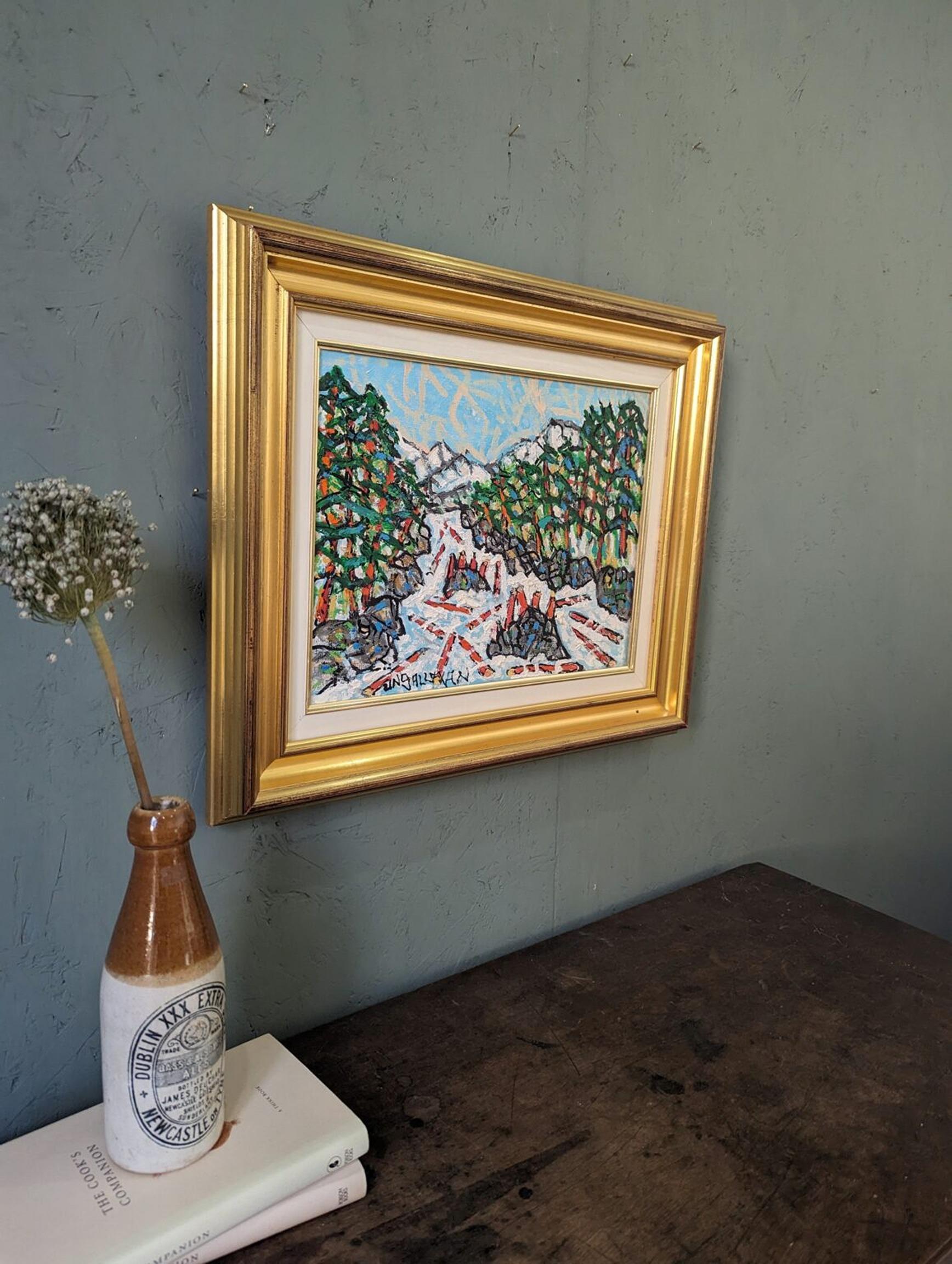 Vintage Mid-Century Modern Swedish Framed Landscape Oil Painting - Lively Winter 2