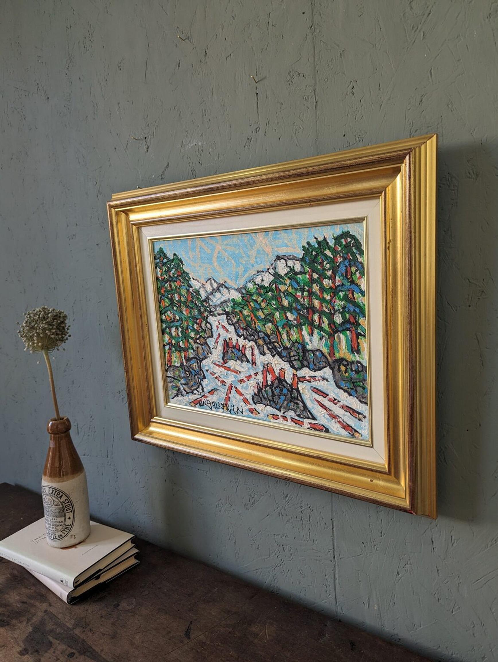 Vintage Mid-Century Modern Swedish Framed Landscape Oil Painting - Lively Winter 3