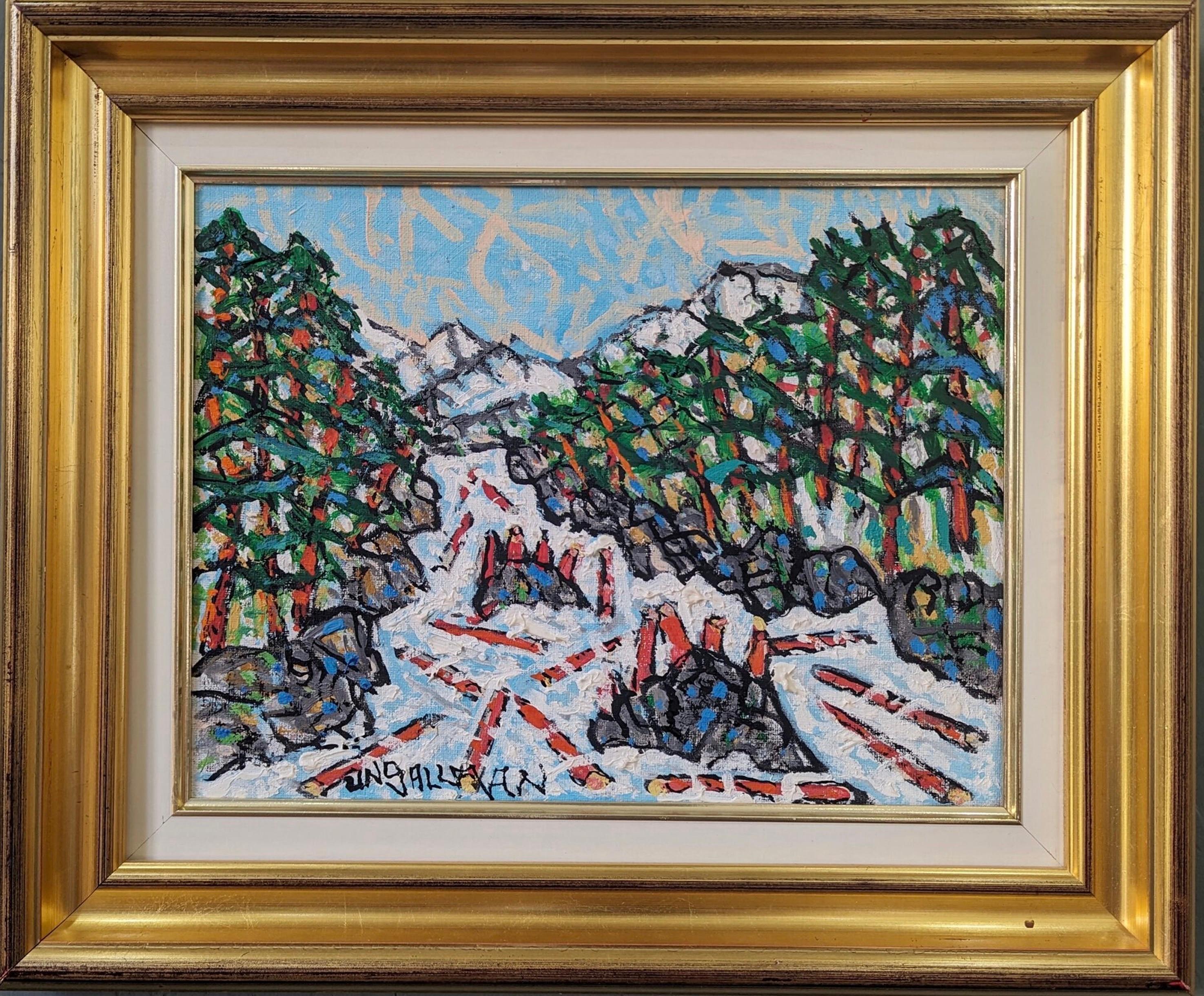 Unknown Landscape Painting - Vintage Mid-Century Modern Swedish Framed Landscape Oil Painting - Lively Winter