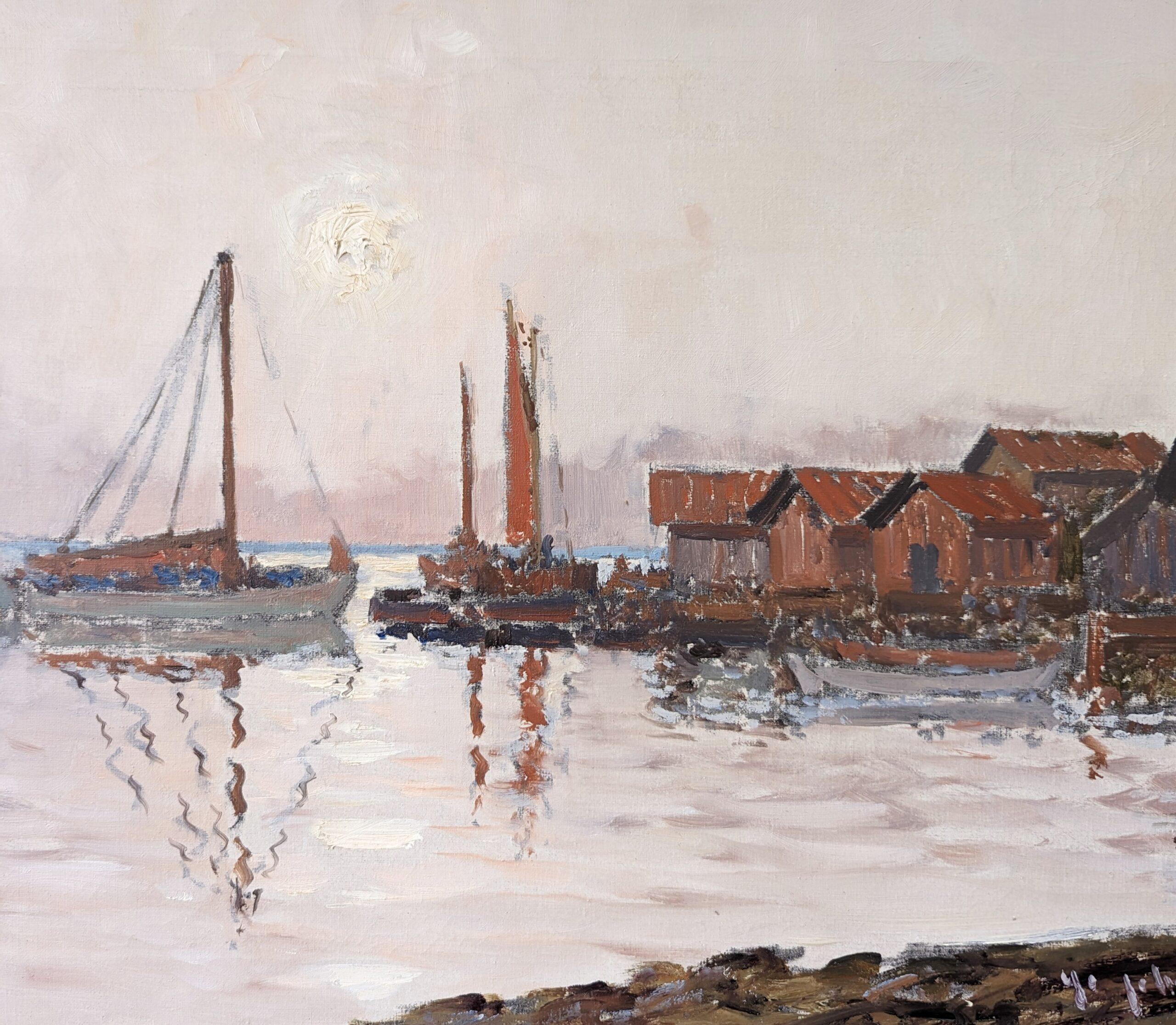 Vintage Mid-Century Modern Swedish Framed Oil Painting - Coastal Sunset For Sale 8