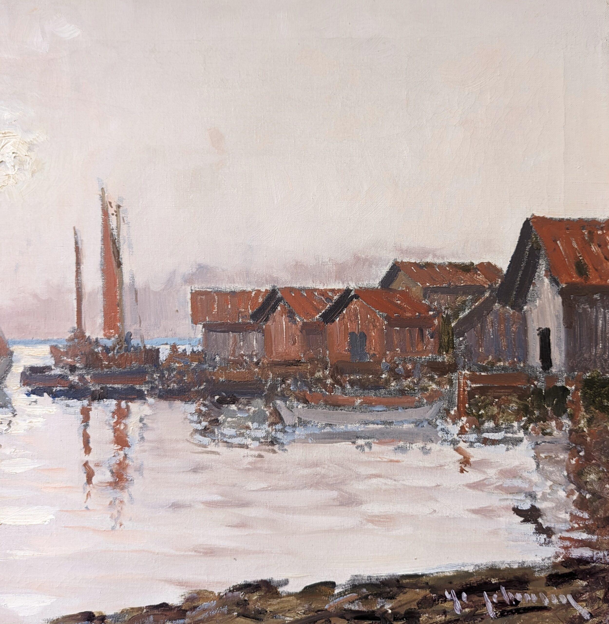 Vintage Mid-Century Modern Swedish Framed Oil Painting - Coastal Sunset For Sale 9