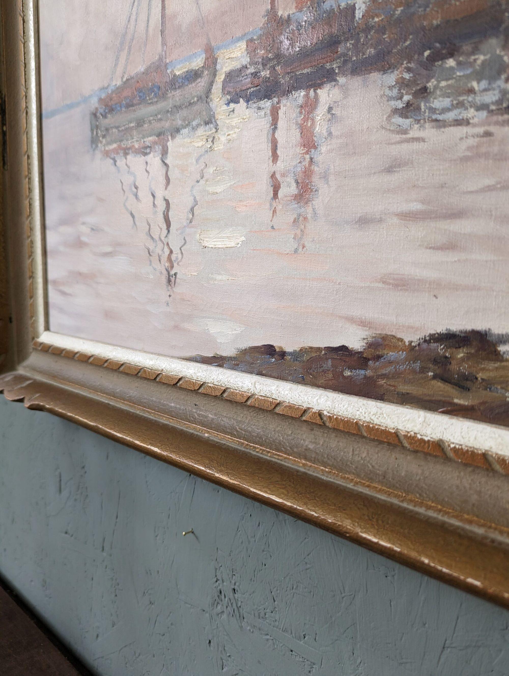 Vintage Mid-Century Modern Swedish Framed Oil Painting - Coastal Sunset For Sale 13