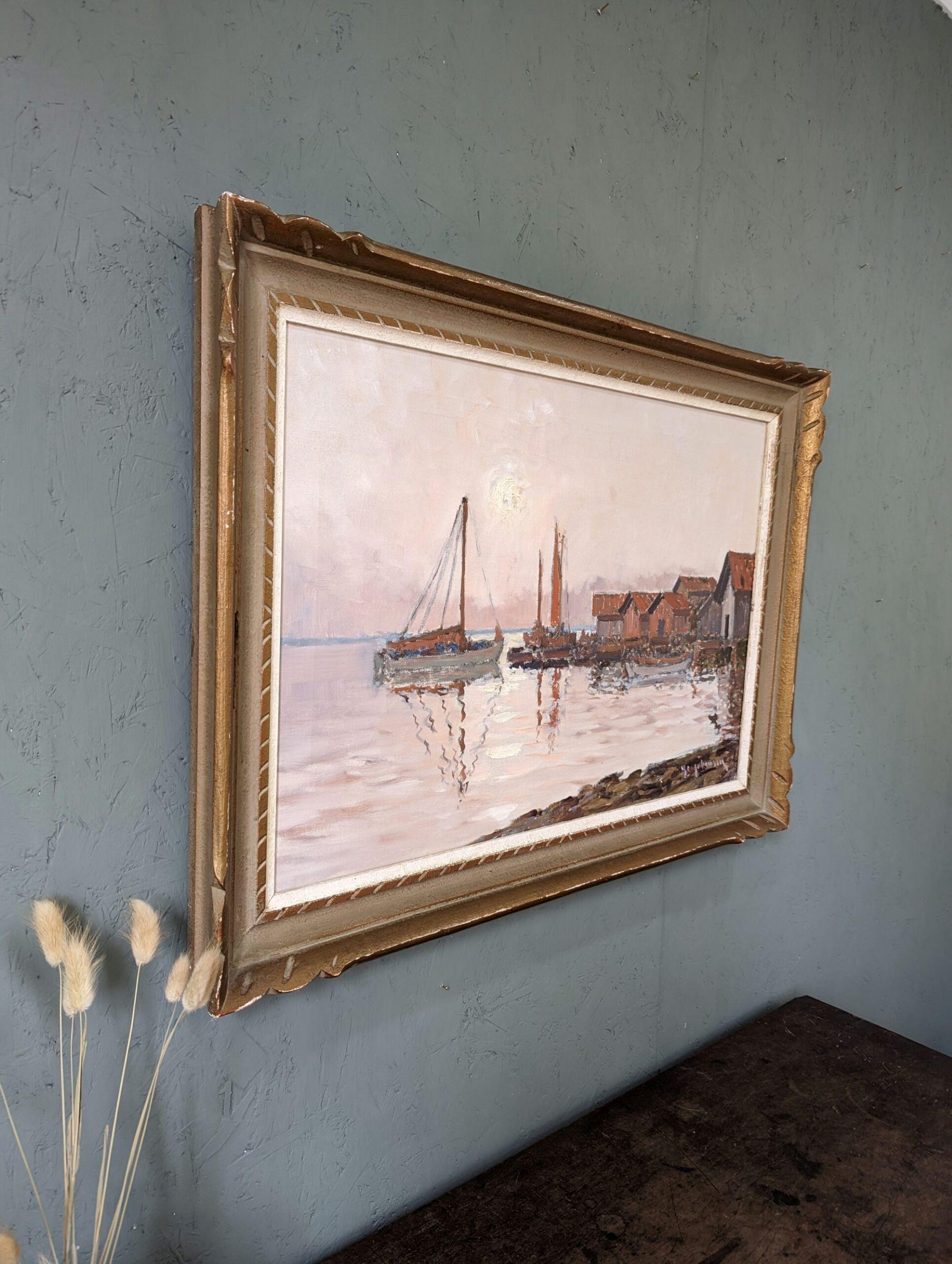 Vintage Mid-Century Modern Swedish Framed Oil Painting - Coastal Sunset For Sale 1