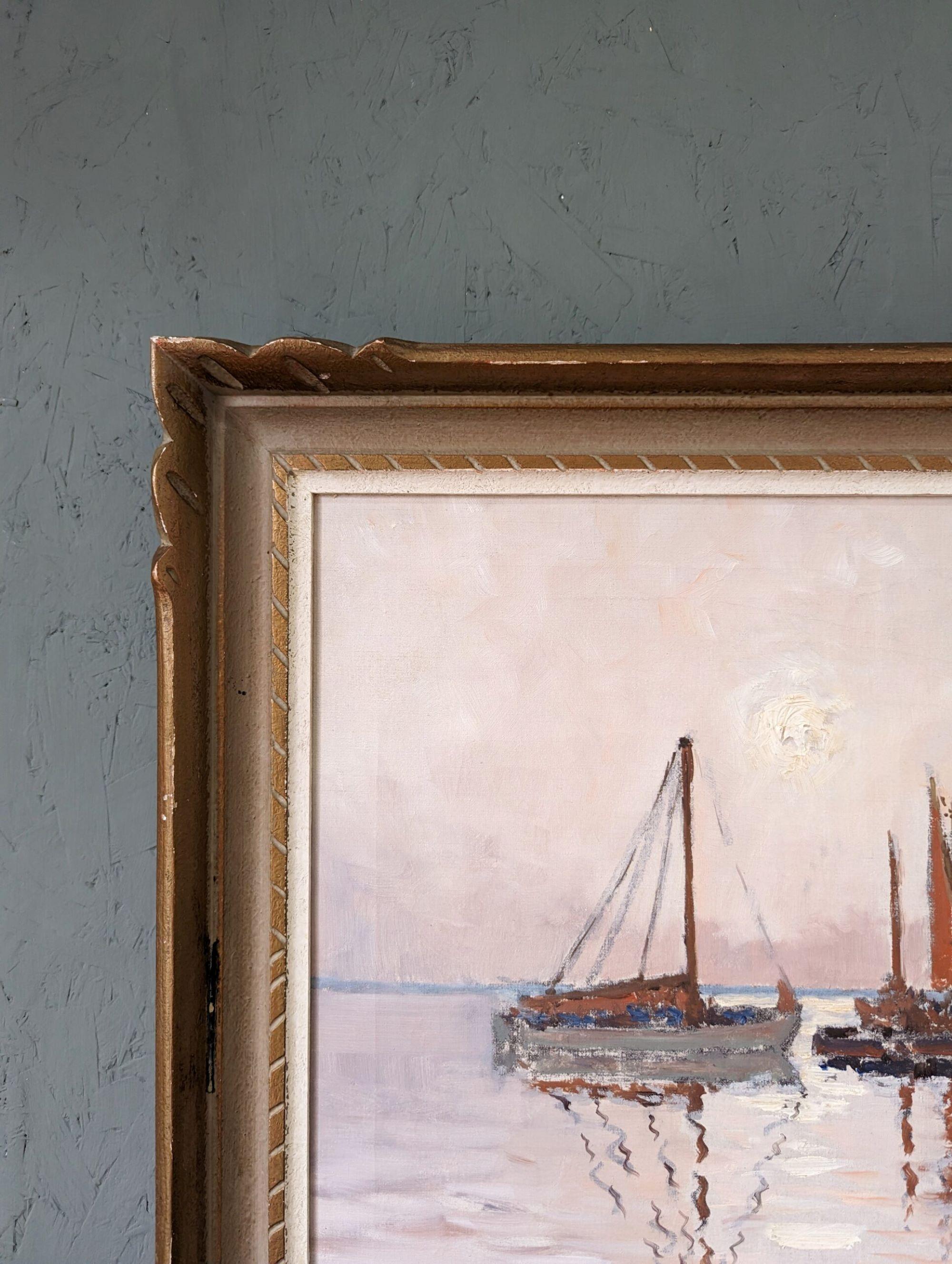 Vintage Mid-Century Modern Swedish Framed Oil Painting - Coastal Sunset For Sale 3