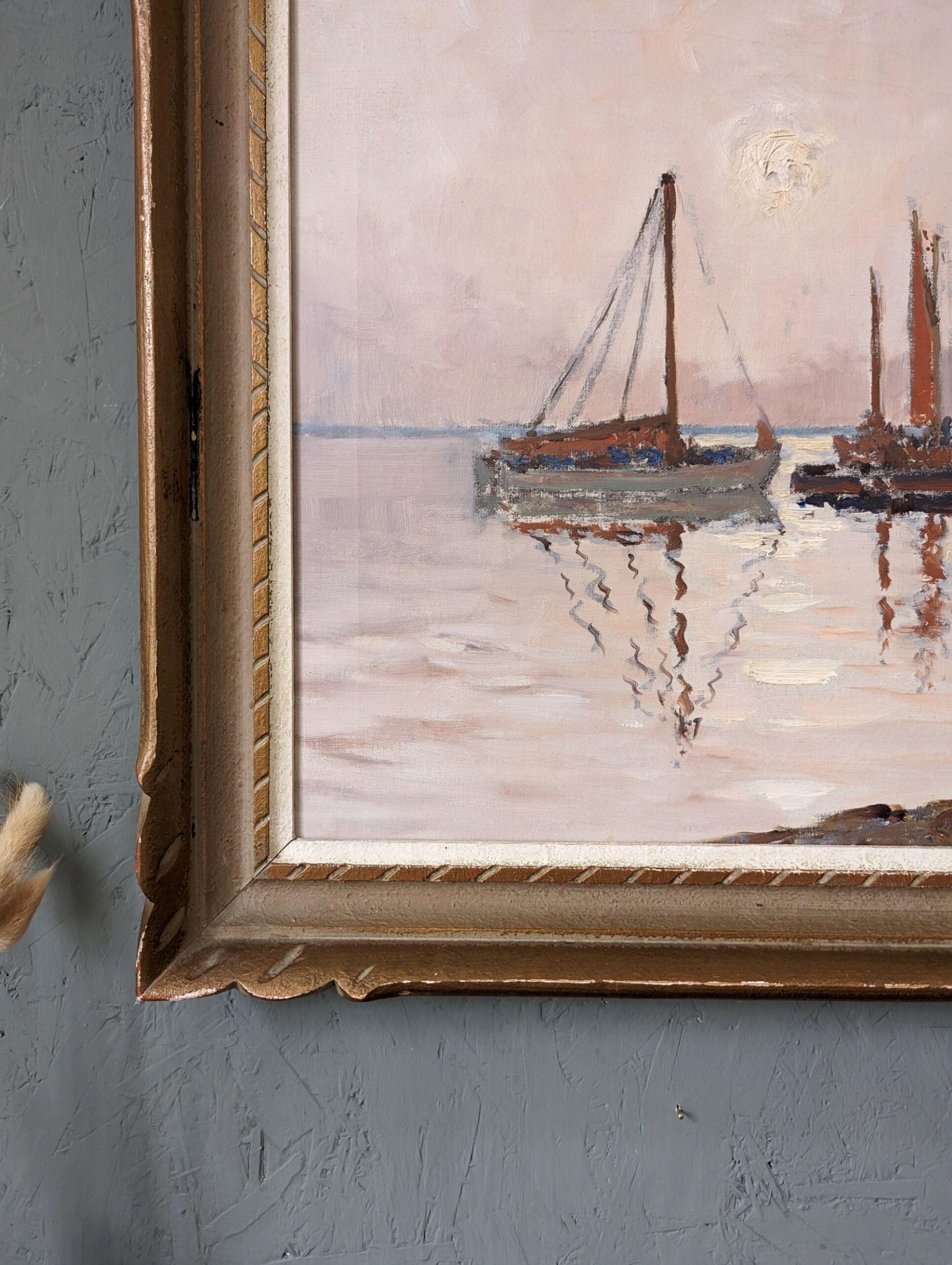 Vintage Mid-Century Modern Swedish Framed Oil Painting - Coastal Sunset For Sale 4