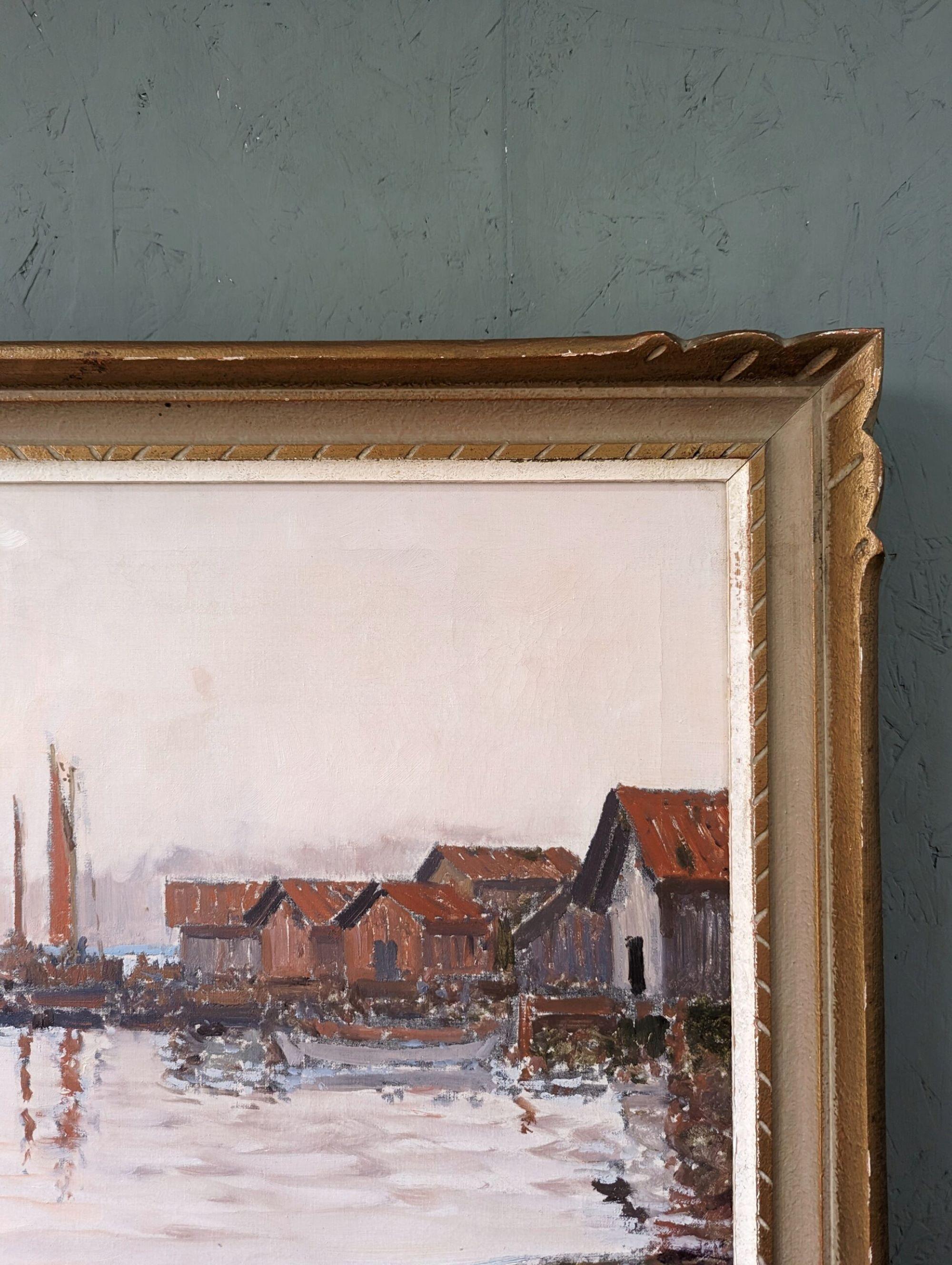 Vintage Mid-Century Modern Swedish Framed Oil Painting - Coastal Sunset For Sale 5