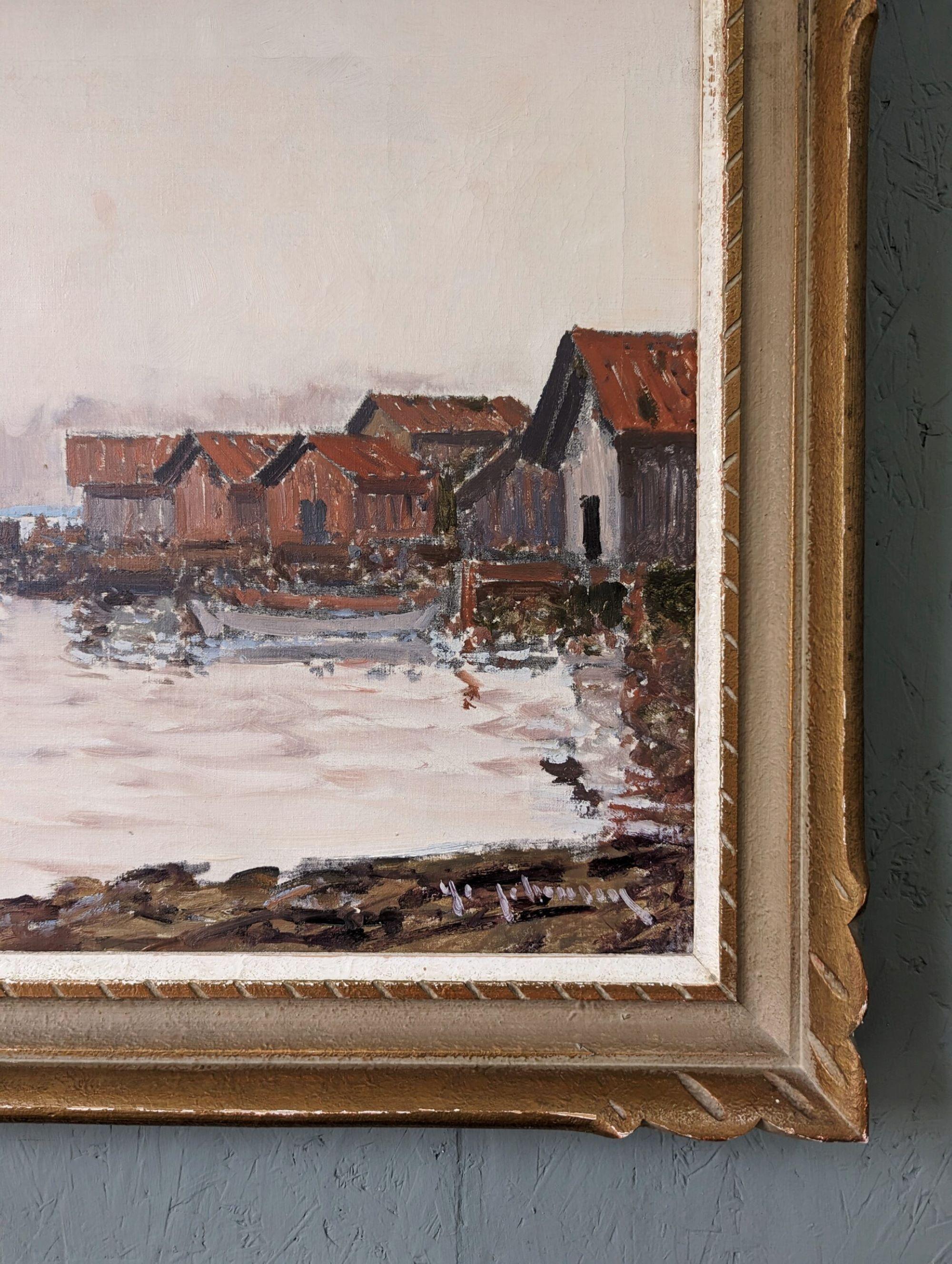 Vintage Mid-Century Modern Swedish Framed Oil Painting - Coastal Sunset For Sale 6