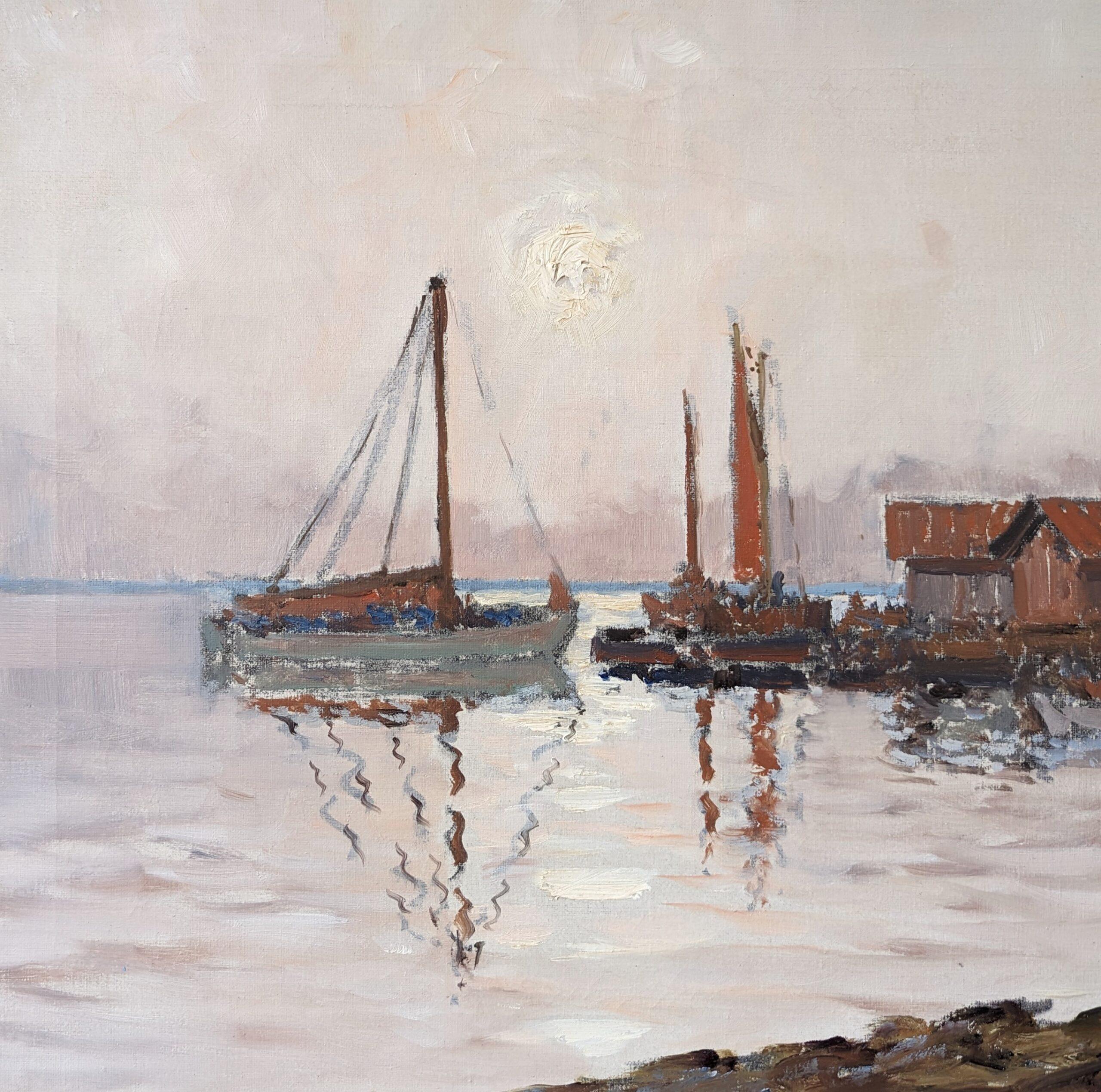 Vintage Mid-Century Modern Swedish Framed Oil Painting - Coastal Sunset For Sale 7
