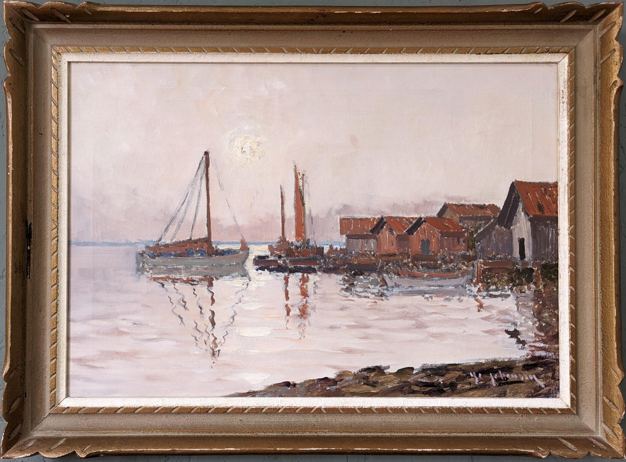 Unknown Landscape Painting - Vintage Mid-Century Modern Swedish Framed Oil Painting - Coastal Sunset