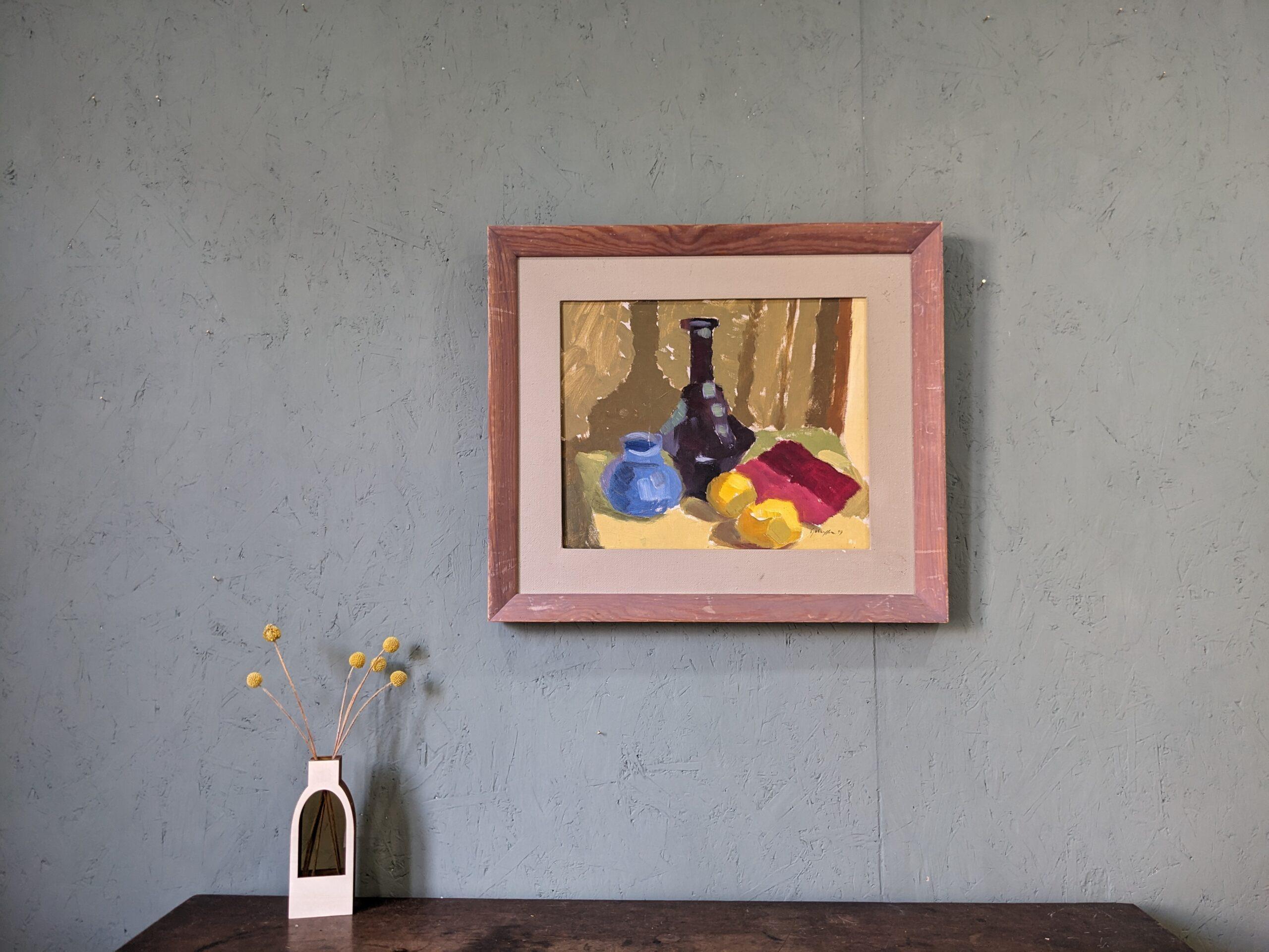 Vintage Mid-Century Modern Swedish Framed Still Life Oil Painting-Lemons & Pots For Sale 12