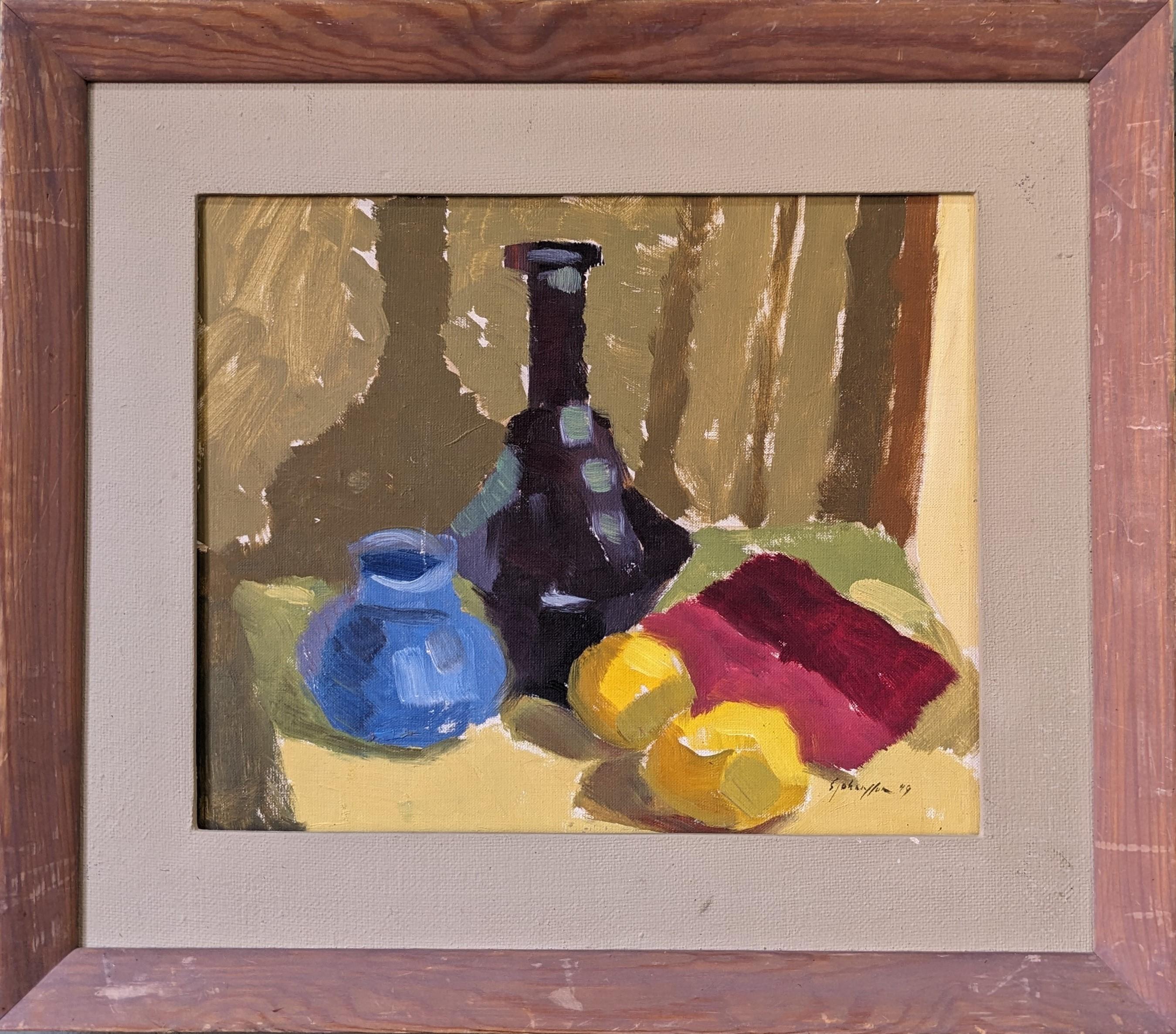Still-Life Painting Unknown - Vintage Mid-Century Modern Swedish Framed Still Life Oil Painting-Lemons & Pots (Nature morte à l'huile encadrée)