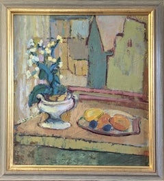 Vintage Mid Century Modern Swedish Interior Oil Painting -Still Life with a View