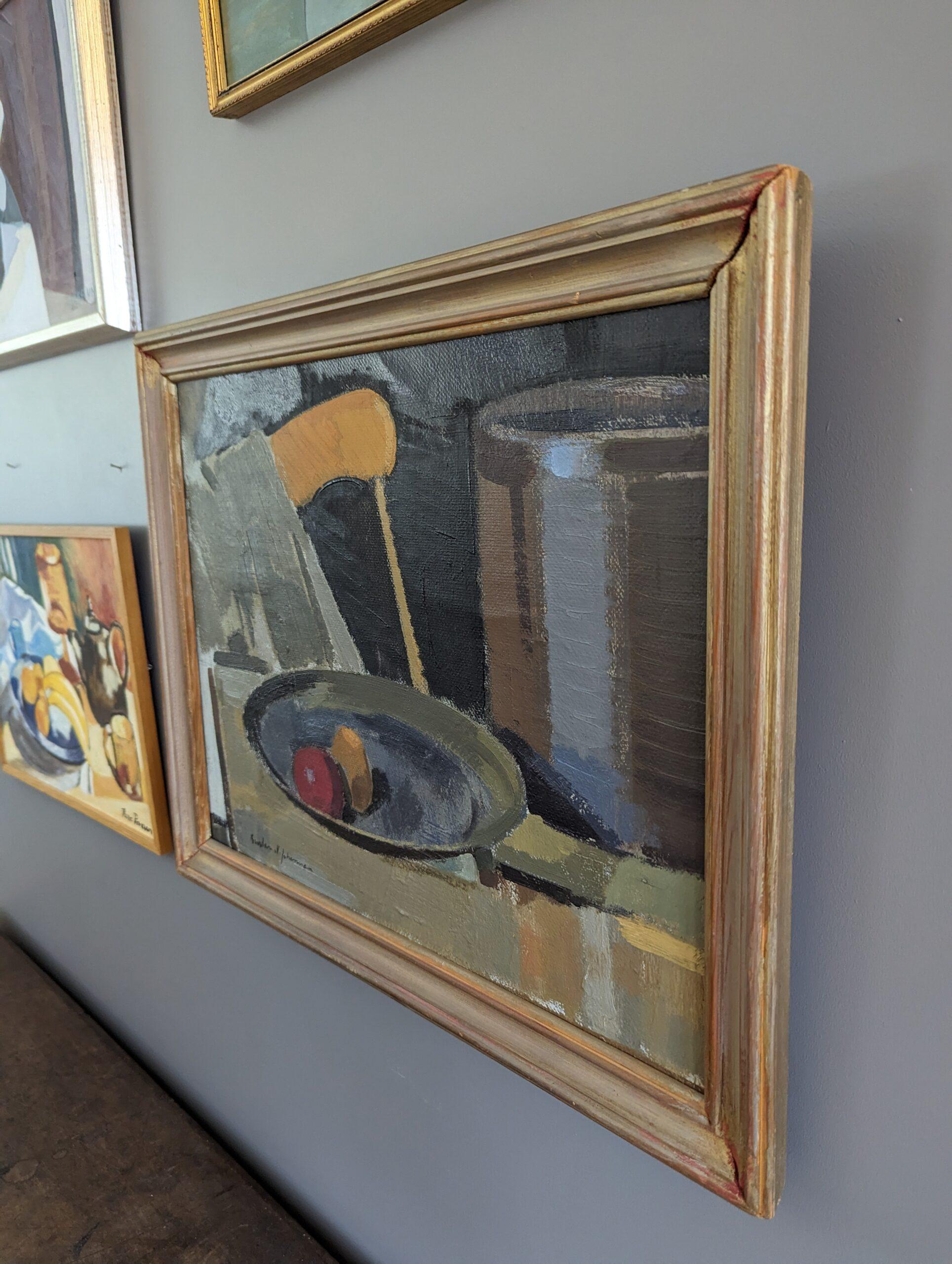 Vintage Mid-Century Modern Swedish Interior Still Life Oil Painting - Expect For Sale 1