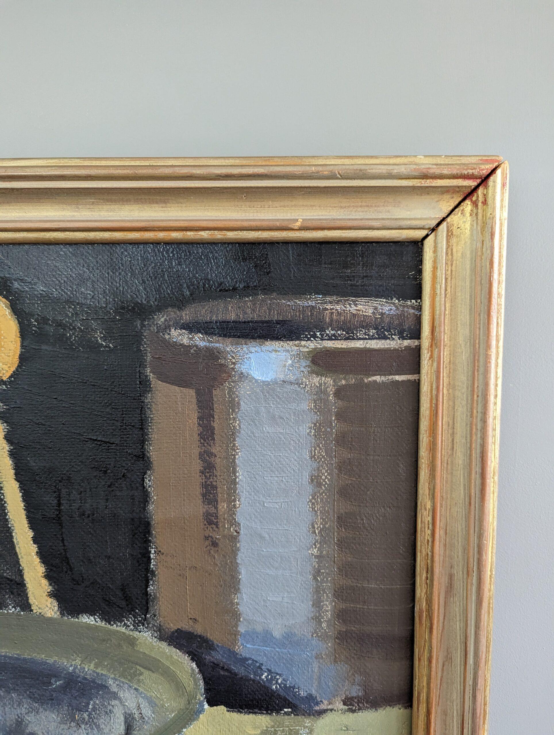 Vintage Mid-Century Modern Swedish Interior Still Life Oil Painting - Expect For Sale 3