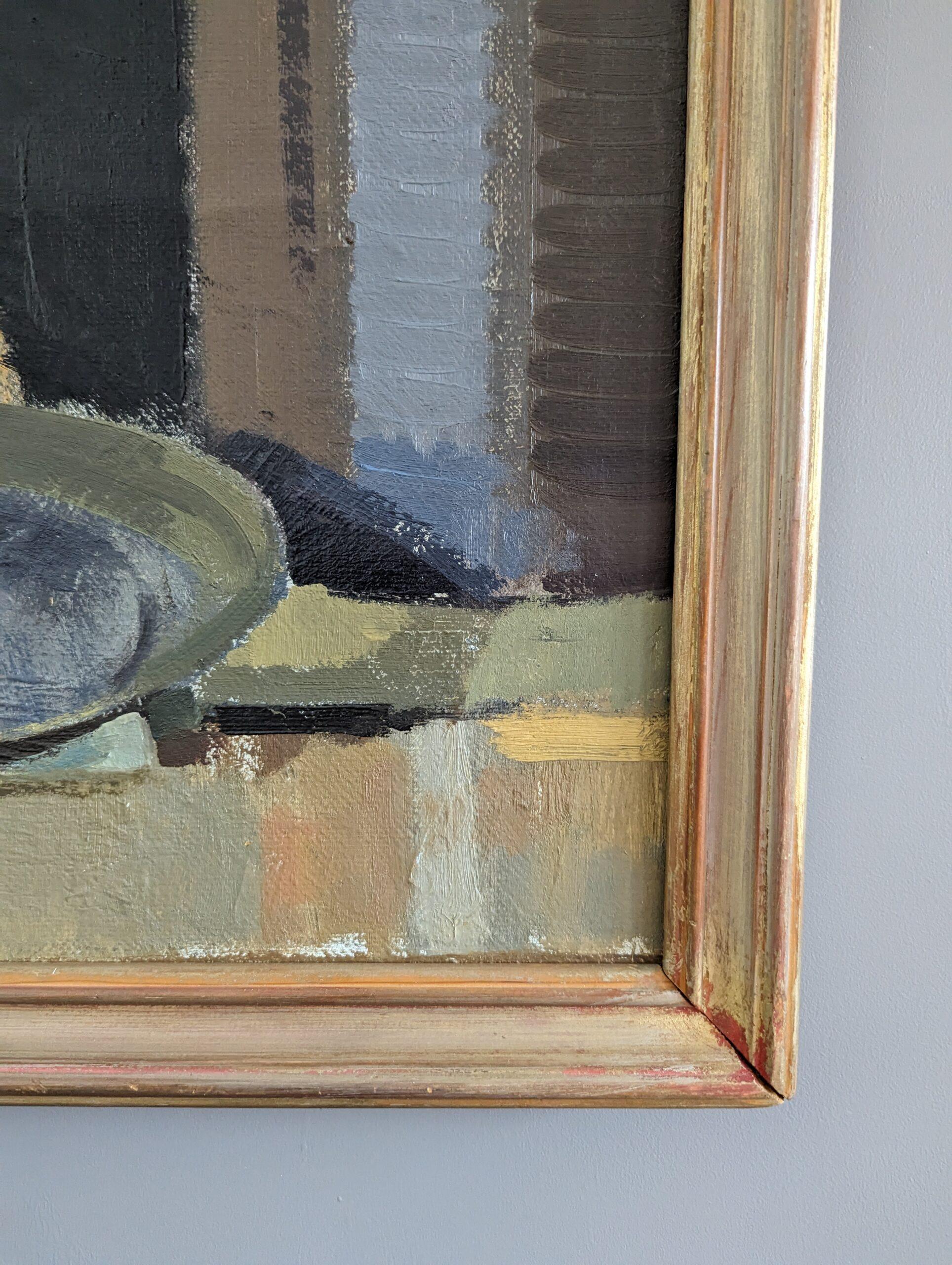 Vintage Mid-Century Modern Swedish Interior Still Life Oil Painting - Expect For Sale 4