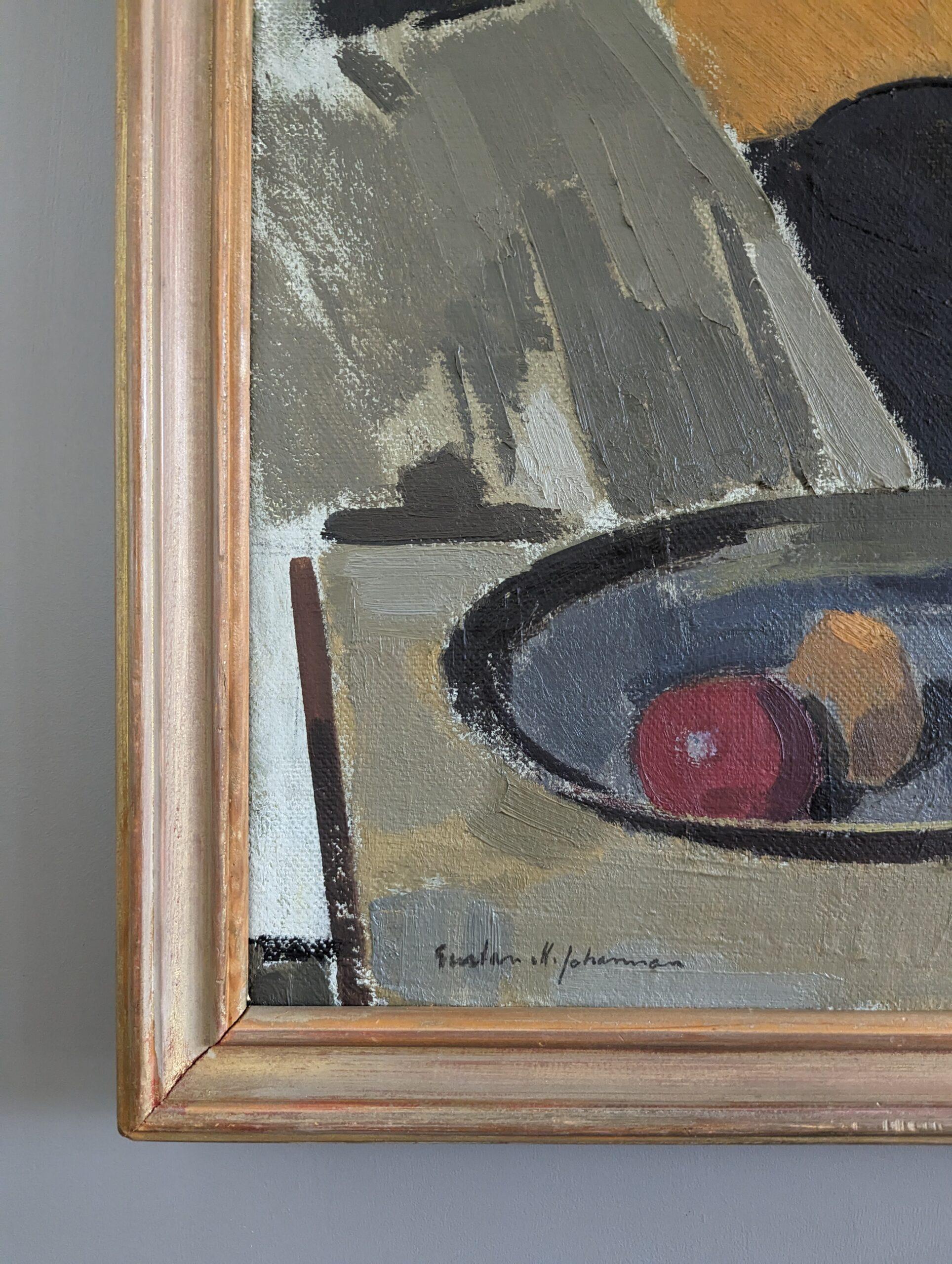 Vintage Mid-Century Modern Swedish Interior Still Life Oil Painting - Expect For Sale 5
