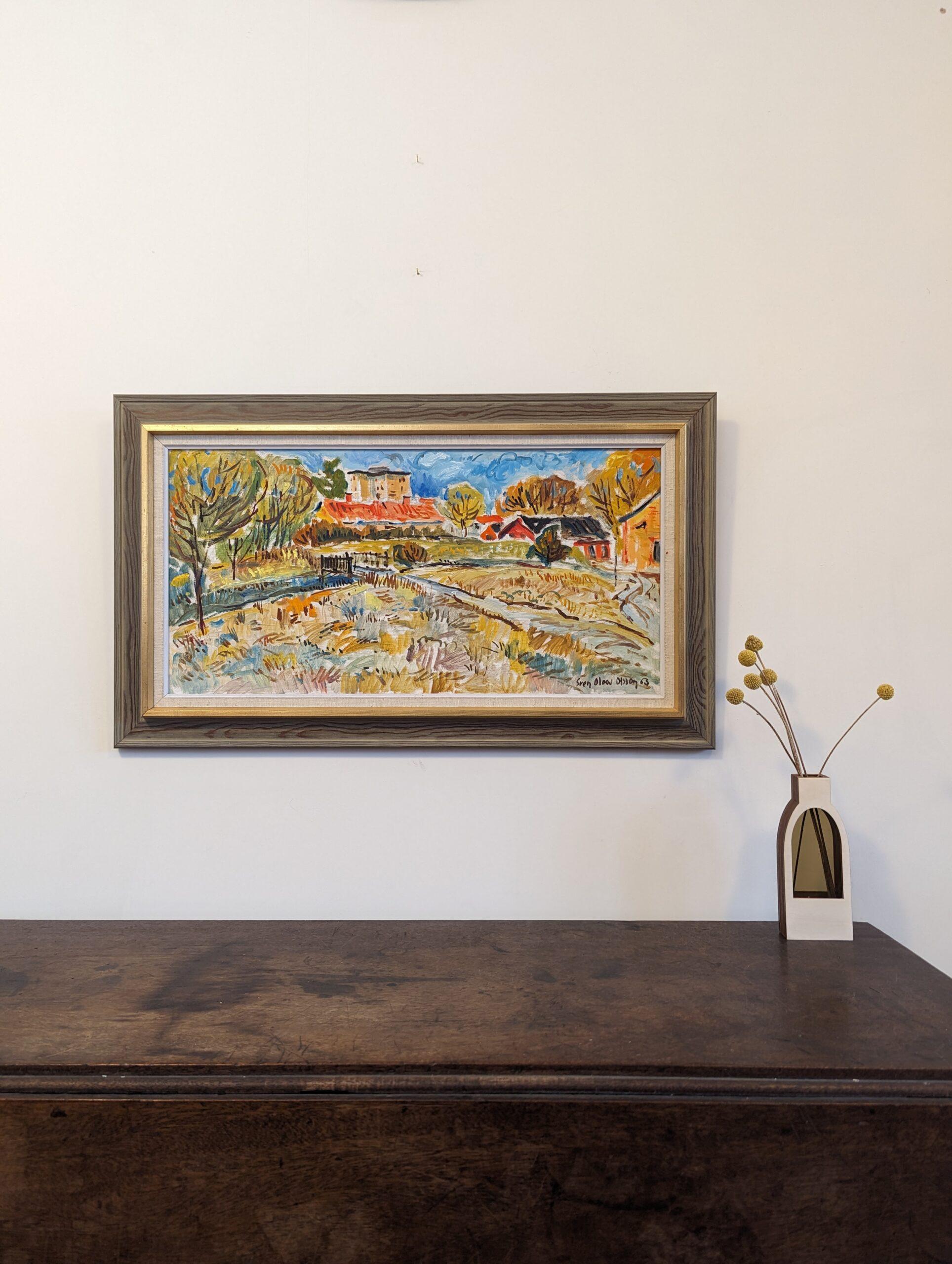 Vintage Mid-Century Modern Swedish Landscape Framed Oil Painting - Fauvist Field For Sale 9