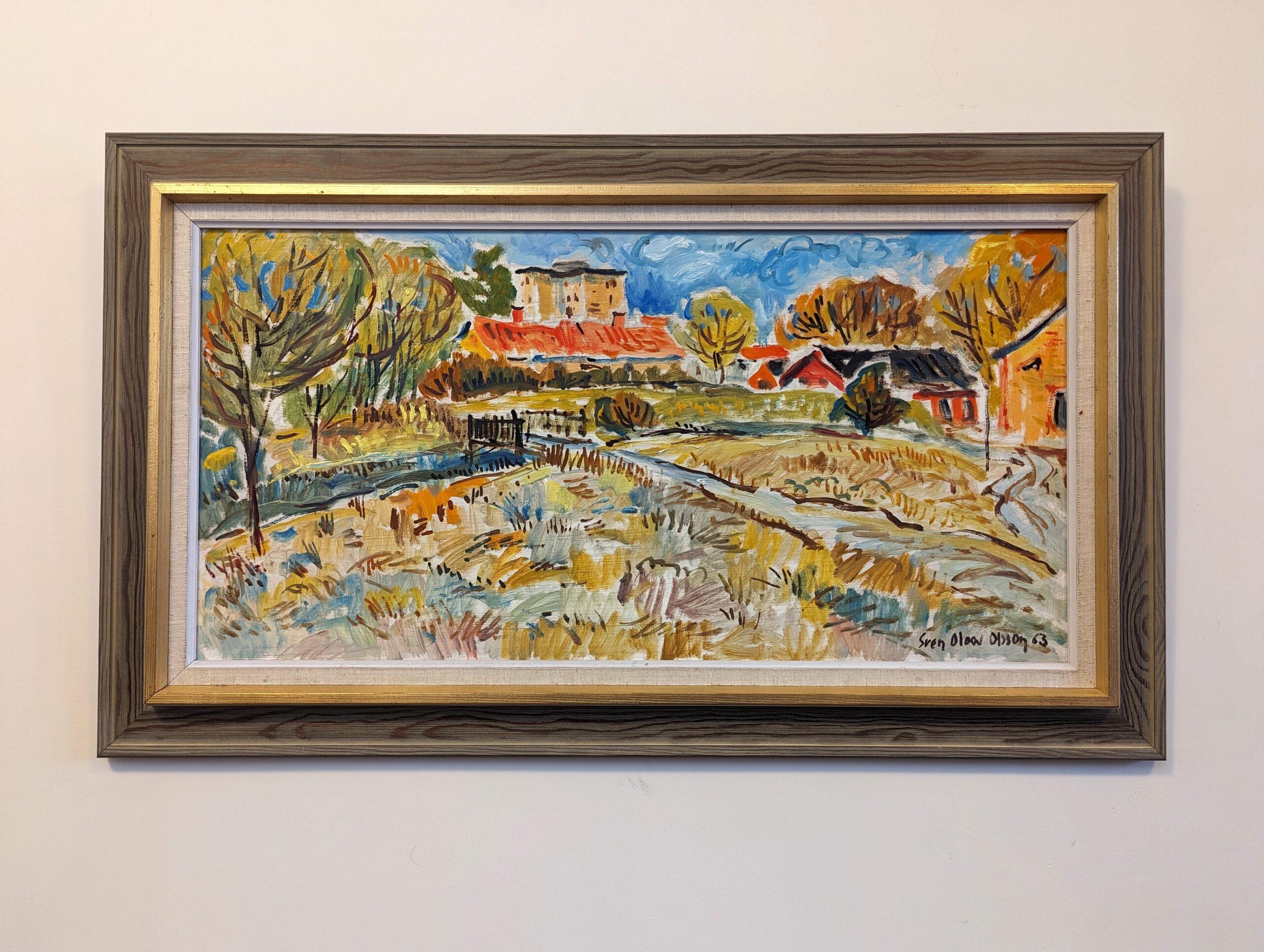 Vintage Mid-Century Modern Swedish Landscape Framed Oil Painting - Fauvist Field For Sale 10
