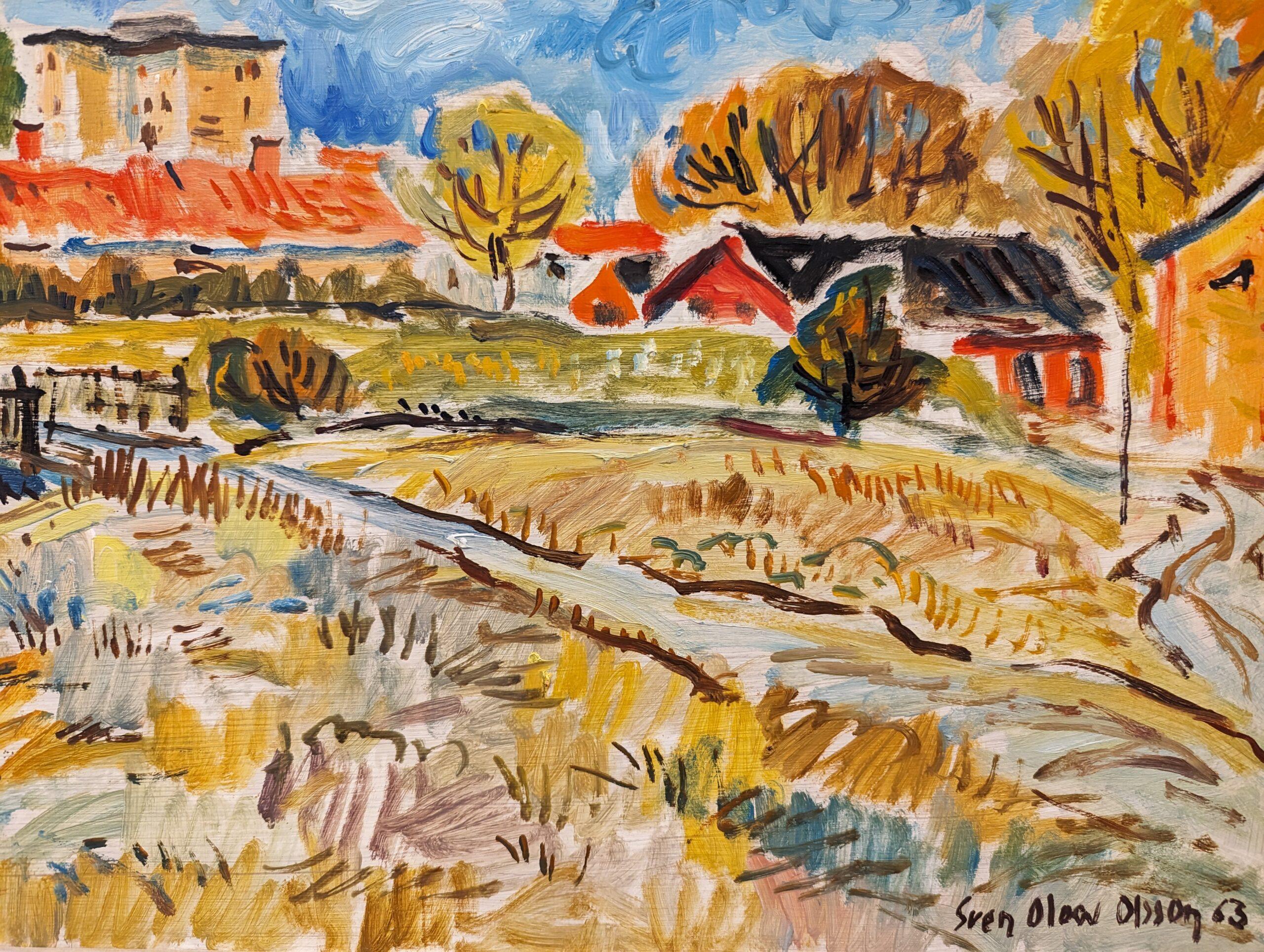 Vintage Mid-Century Modern Swedish Landscape Framed Oil Painting - Fauvist Field For Sale 3