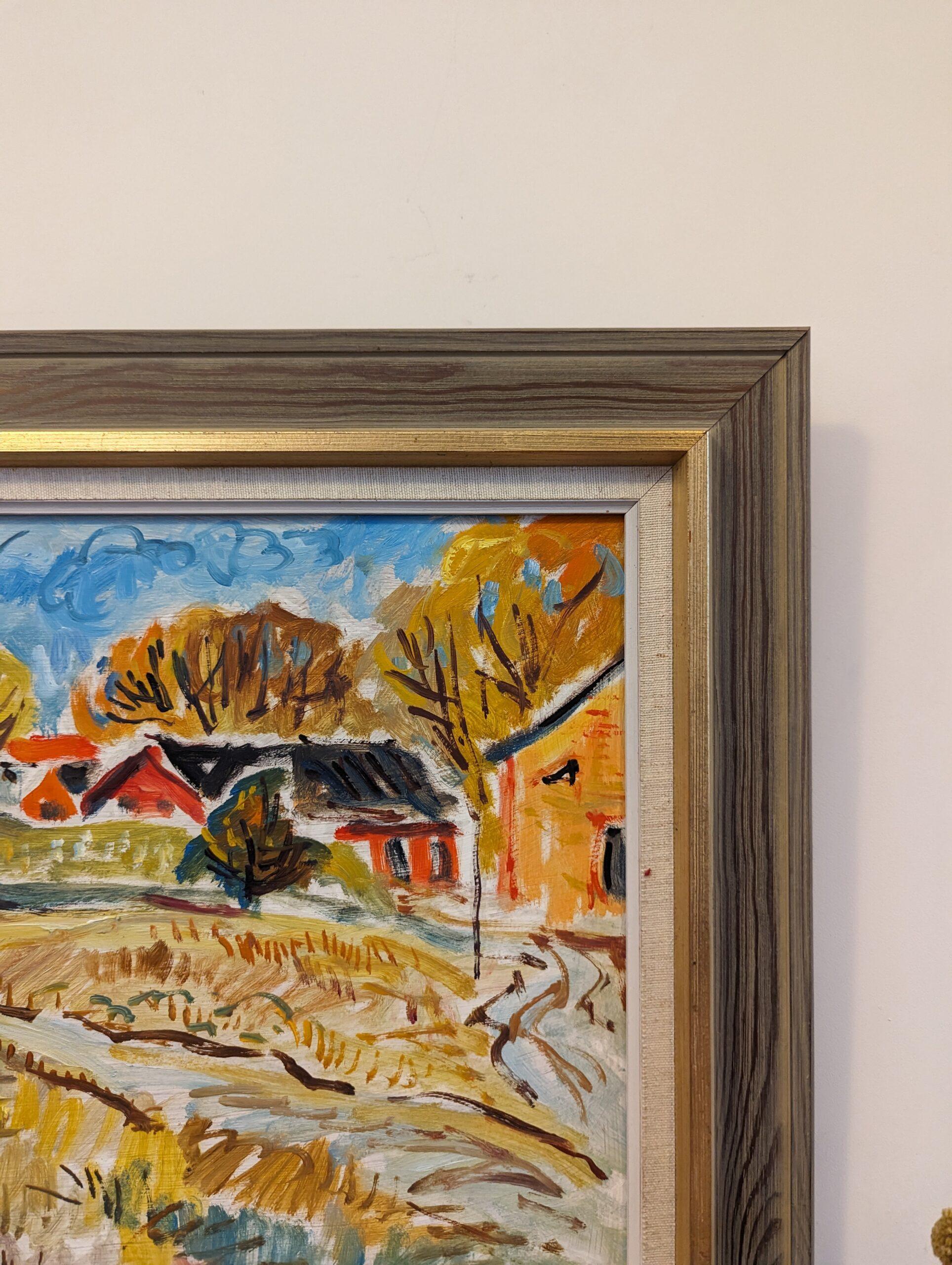 Vintage Mid-Century Modern Swedish Landscape Framed Oil Painting - Fauvist Field For Sale 6