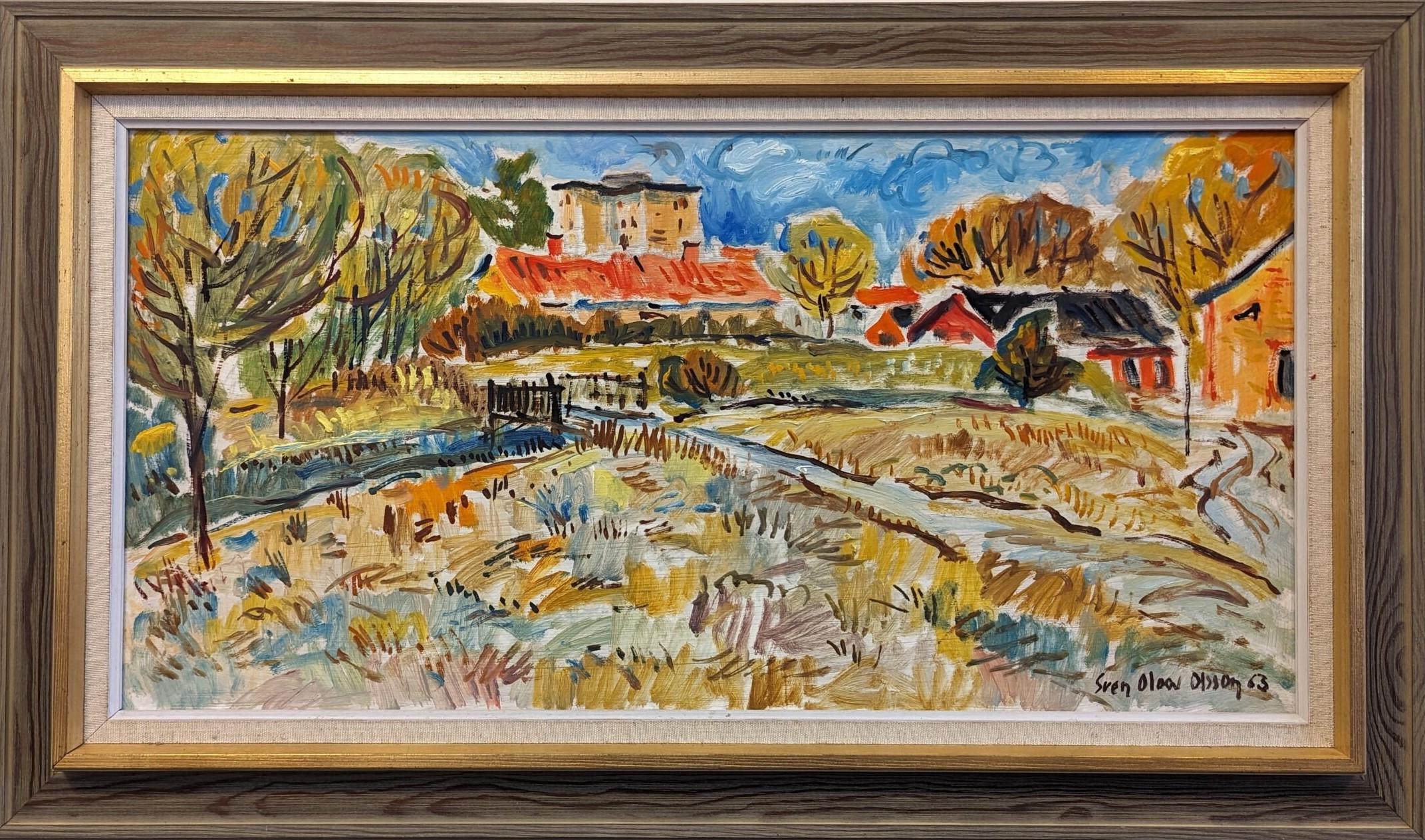 Unknown Landscape Painting - Vintage Mid-Century Modern Swedish Landscape Framed Oil Painting - Fauvist Field
