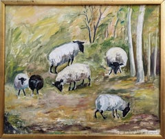 Vintage Mid-Century Modern Swedish Landscape Framed Oil Painting "Grazing Sheep"