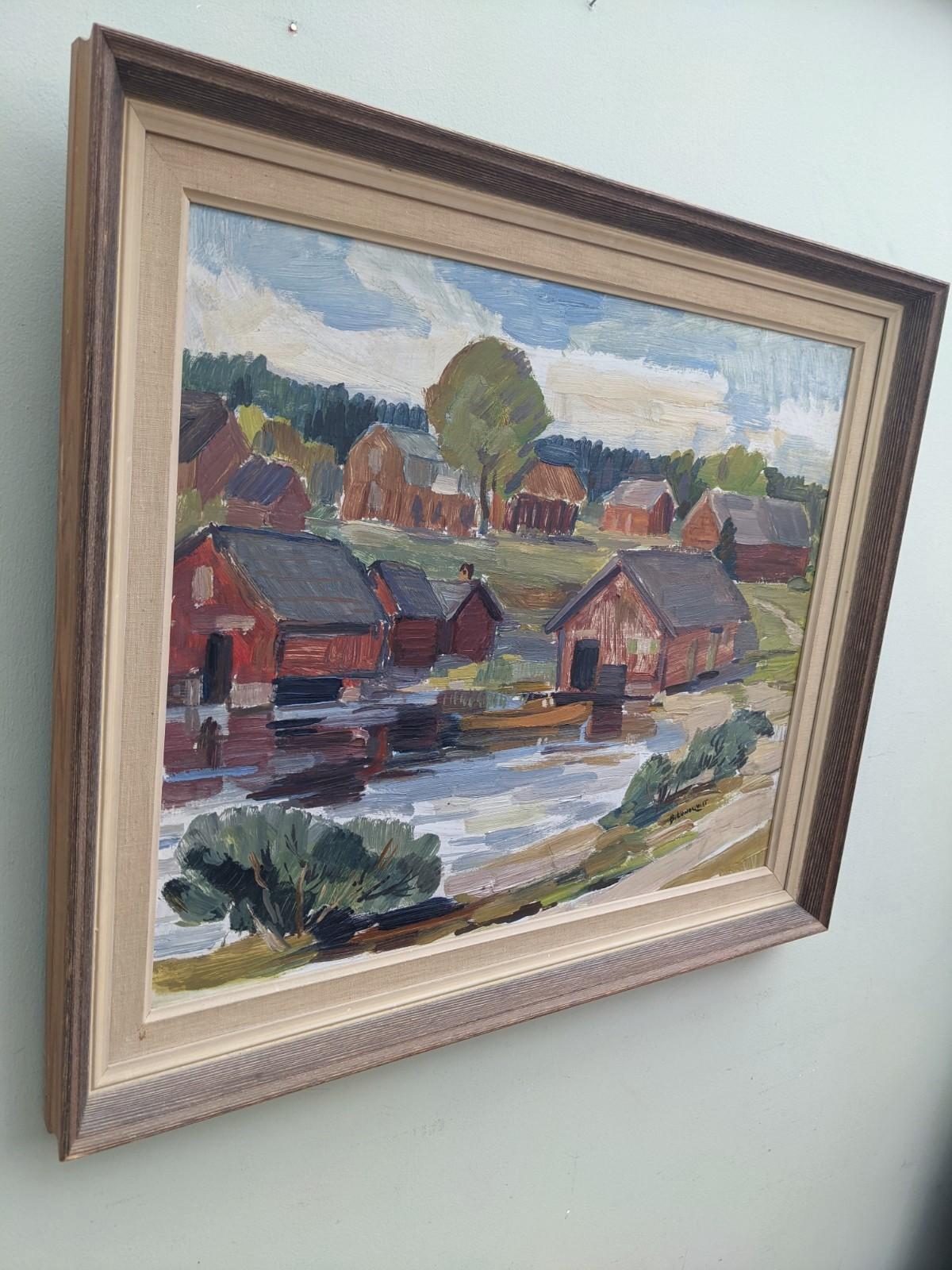 LAKE HOUSES 
Size: 55 x 65 cm (including frame)
Oil on board

A lively and scenic modernist landscape composition, executed in oil onto board.

The composition presents a picturesque view of houses by a lake, set amidst lush greenery.

The artist