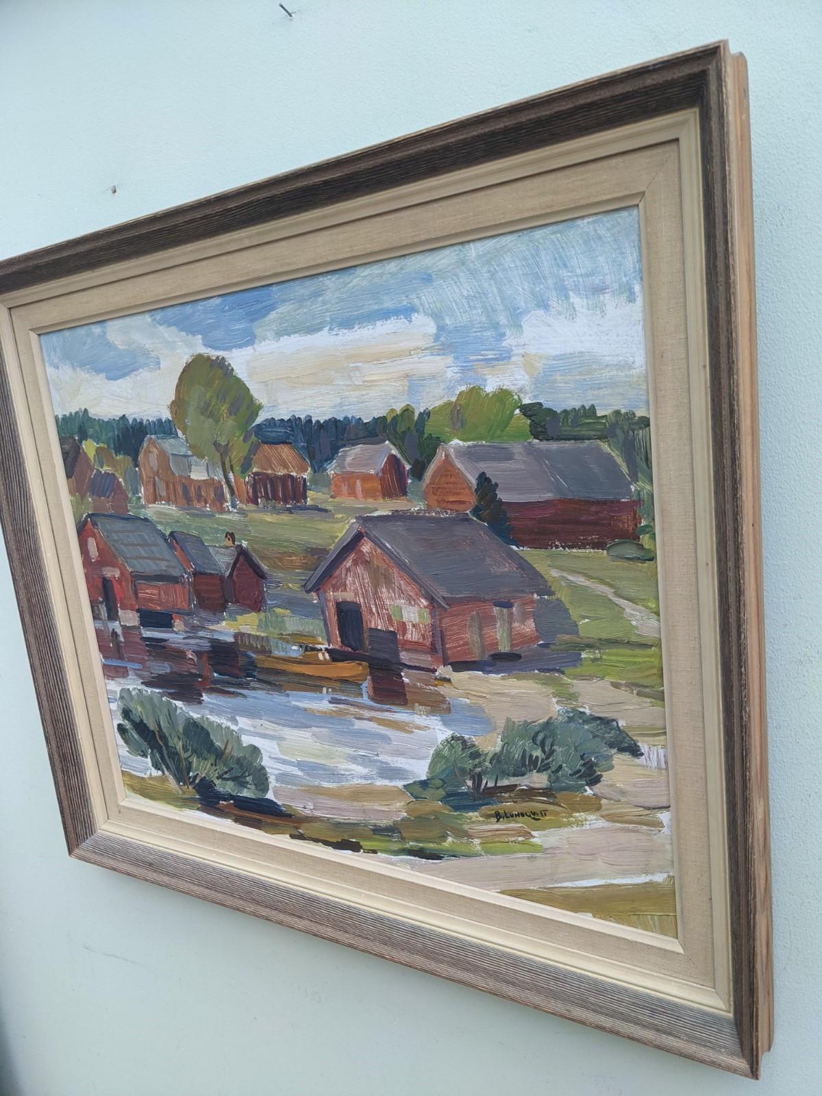 LAKE HOUSES 
Size: 55 x 65 cm (including frame)
Oil on board

A lively and scenic modernist landscape composition, executed in oil onto board.

The composition presents a picturesque view of houses by a lake, set amidst lush greenery.

The artist