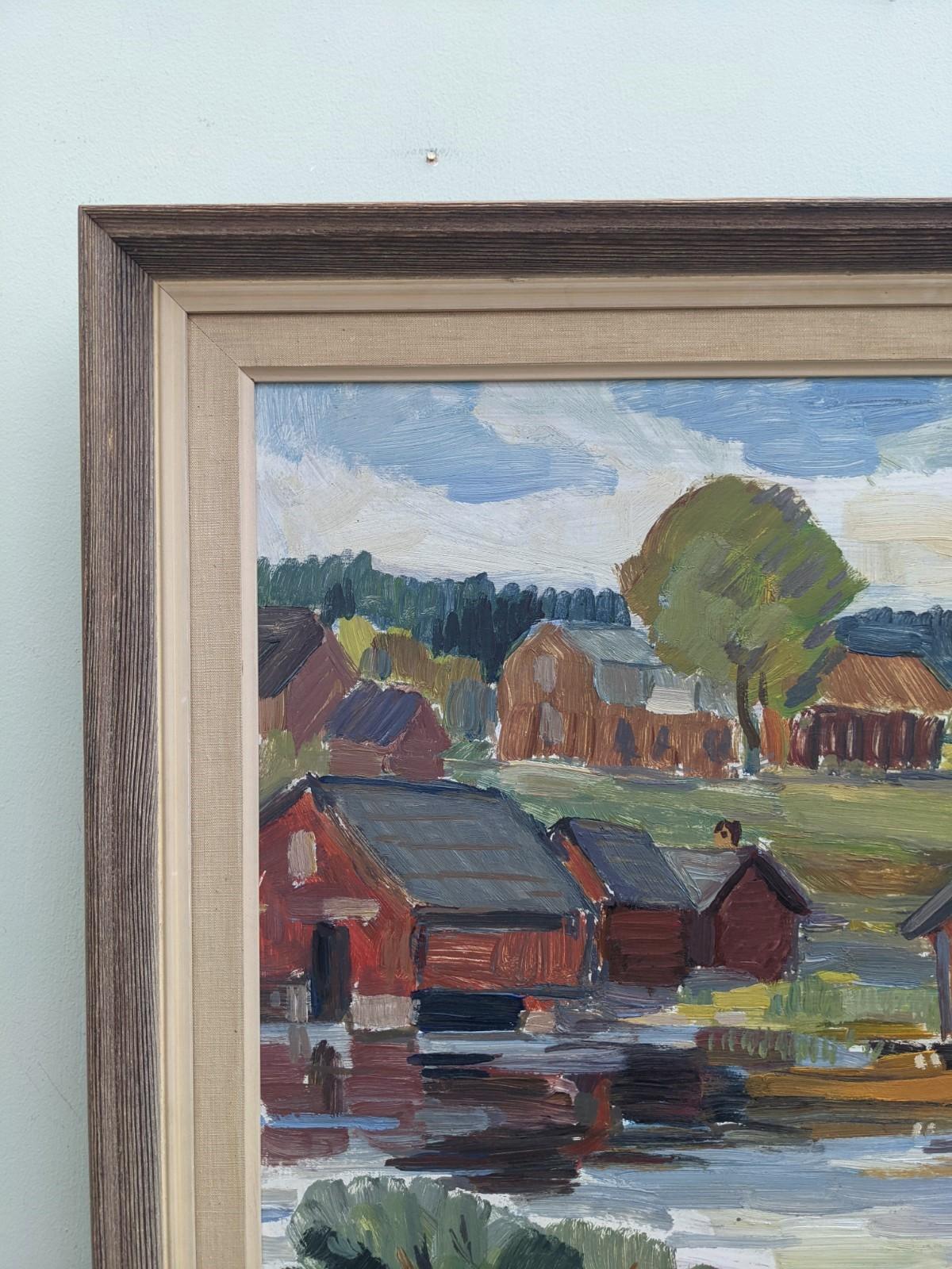 Vintage Mid Century Modern Swedish Landscape Framed Oil Painting - Lake Houses For Sale 2