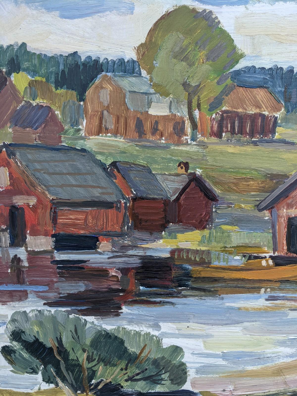 Vintage Mid Century Modern Swedish Landscape Framed Oil Painting - Lake Houses For Sale 3