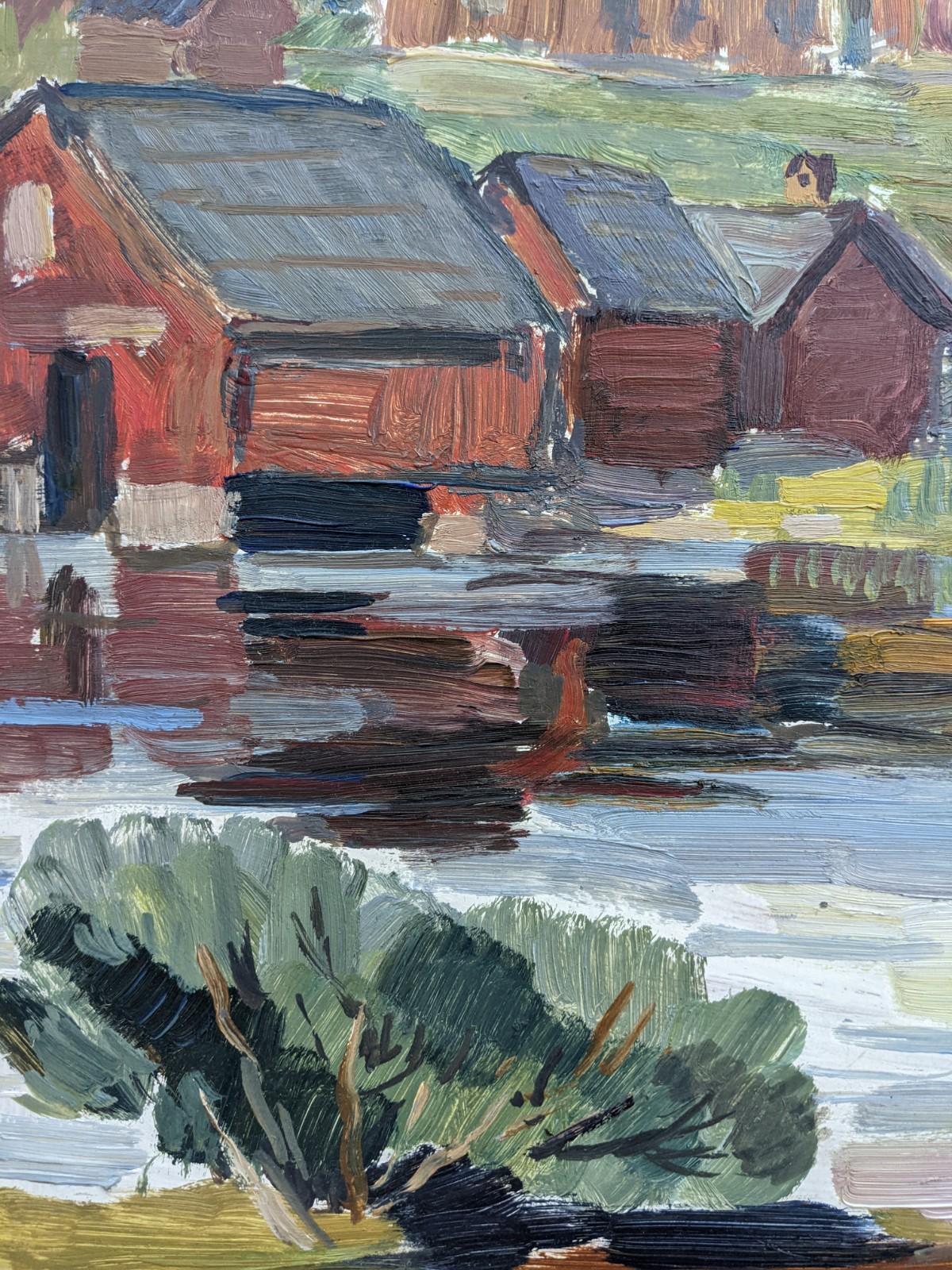 Vintage Mid Century Modern Swedish Landscape Framed Oil Painting - Lake Houses For Sale 5