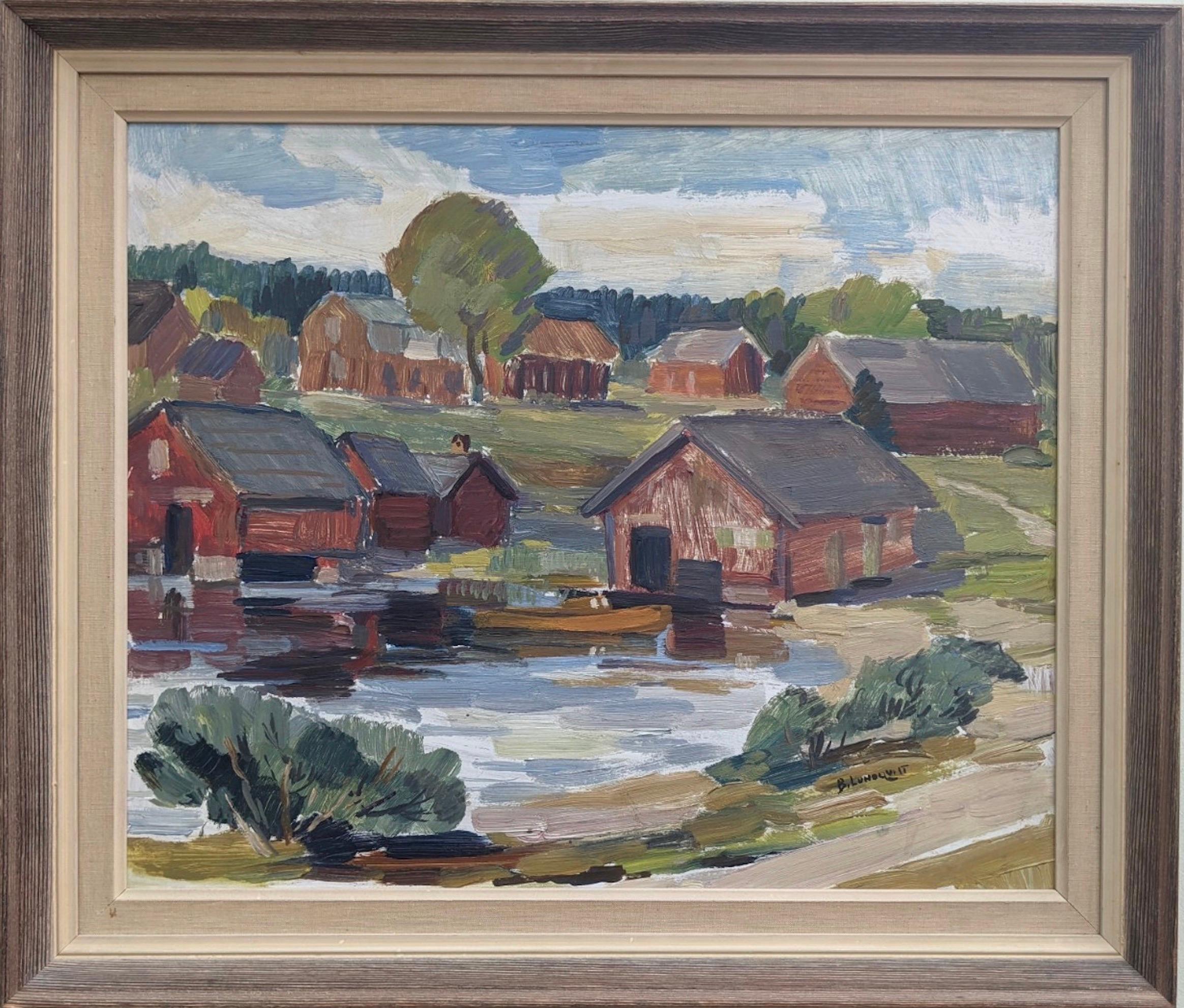 Unknown Landscape Painting - Vintage Mid Century Modern Swedish Landscape Framed Oil Painting - Lake Houses