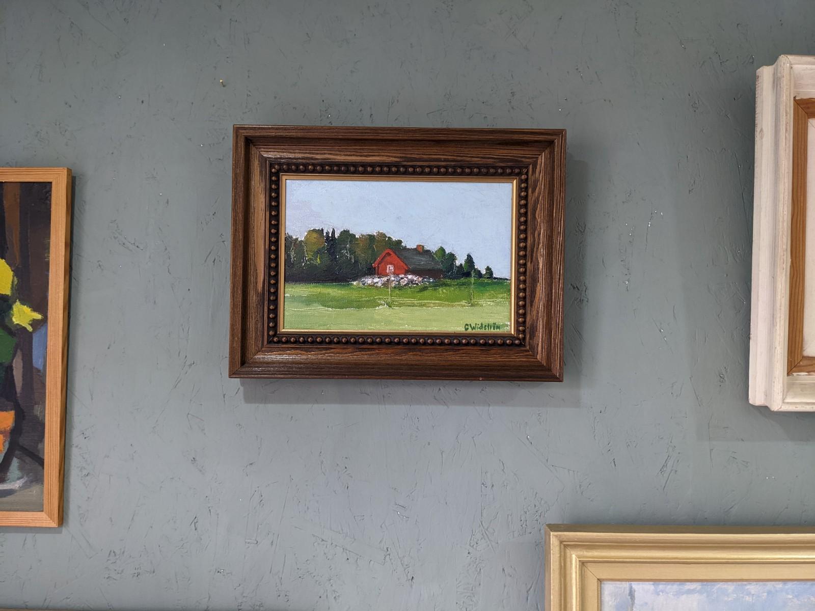 Vintage Mid-Century Modern Swedish Landscape Framed Oil Painting - Red Cottage - Black Landscape Painting by Unknown