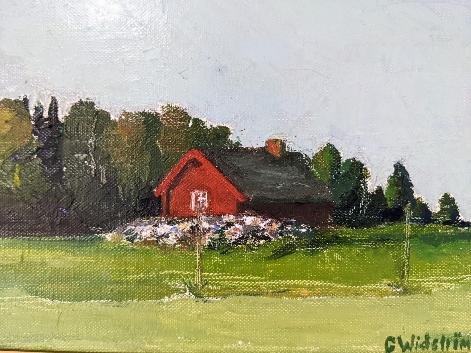 Vintage Mid-Century Modern Swedish Landscape Framed Oil Painting - Red Cottage For Sale 1