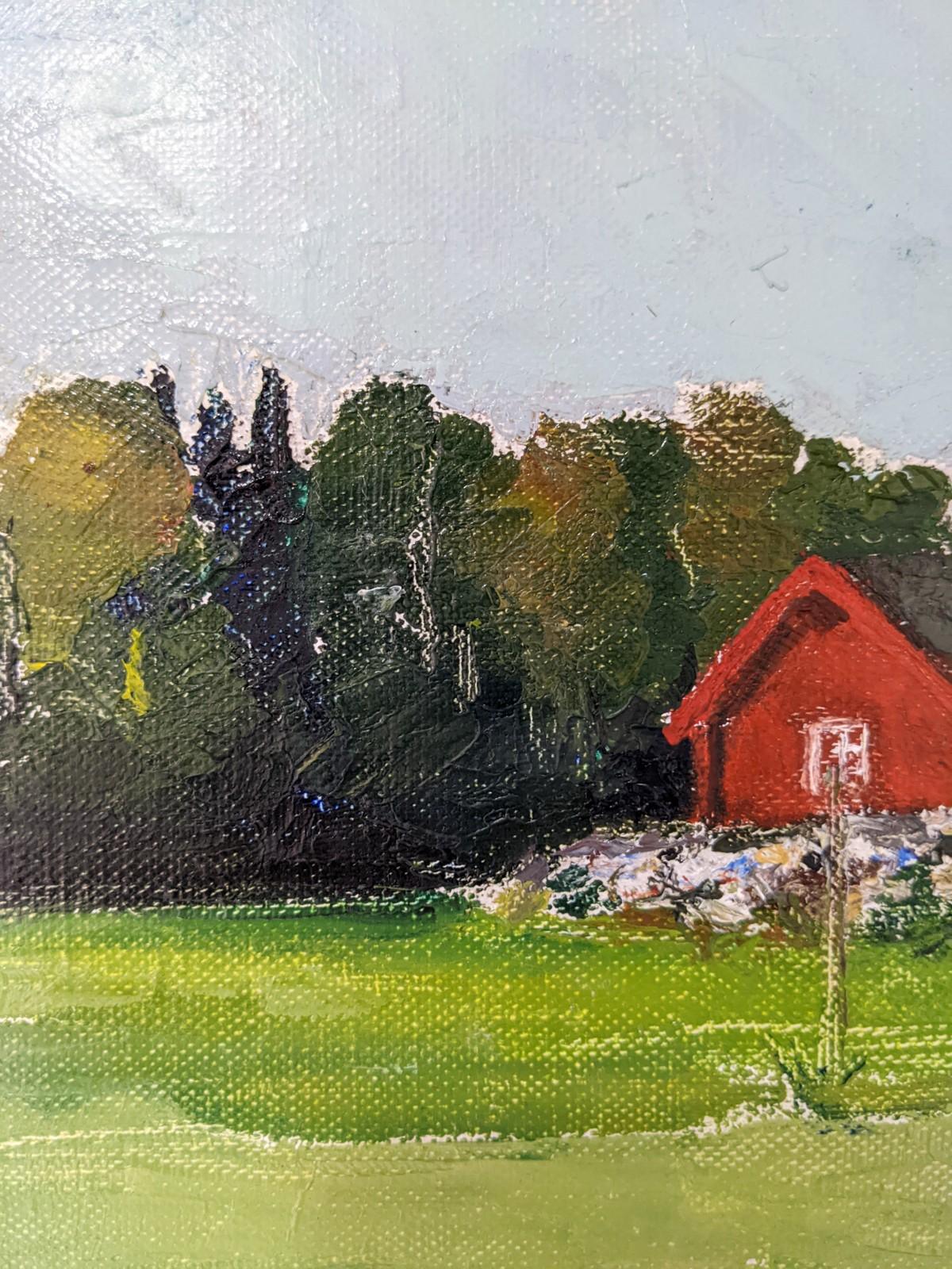 Vintage Mid-Century Modern Swedish Landscape Framed Oil Painting - Red Cottage For Sale 2