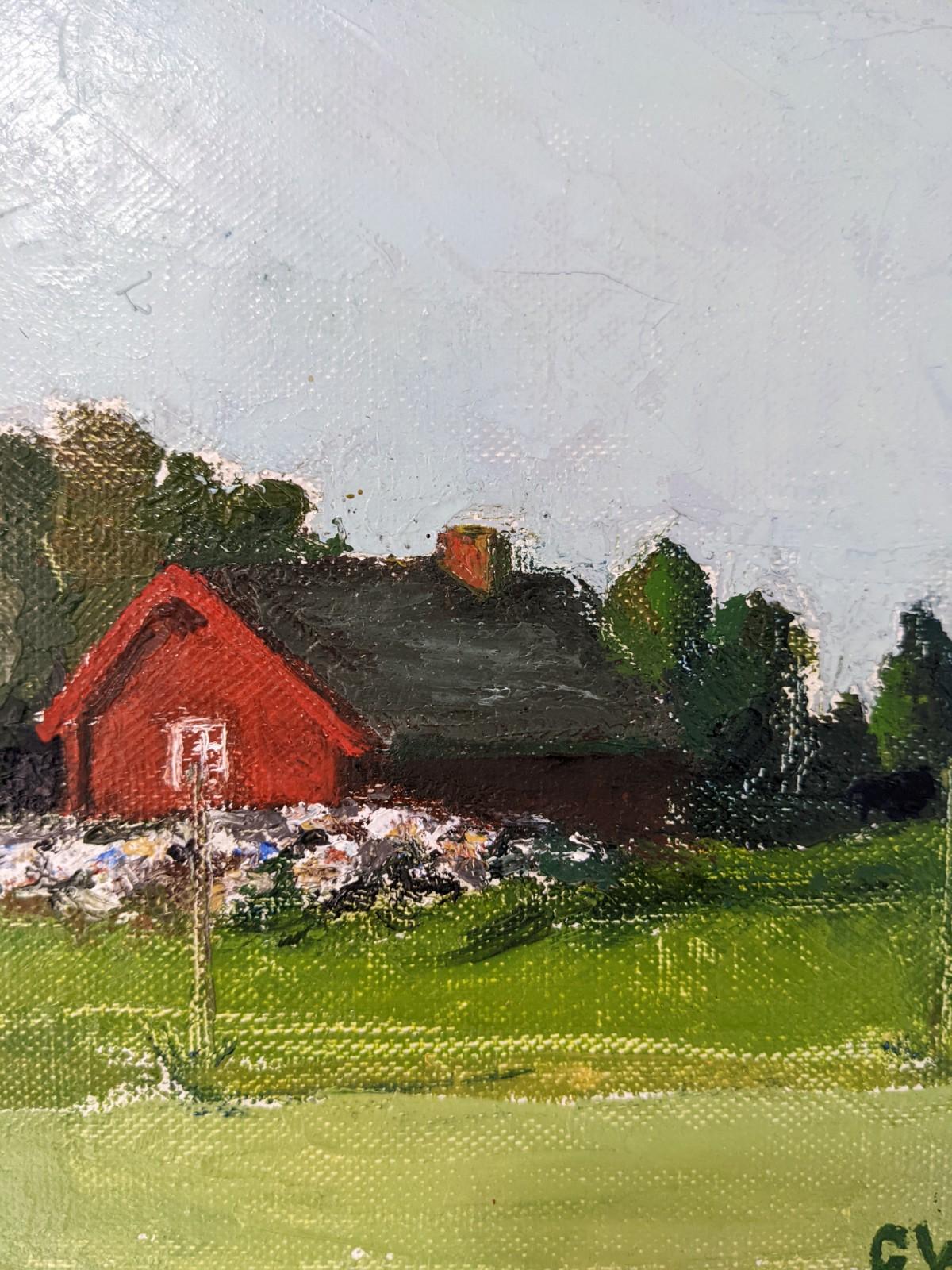Vintage Mid-Century Modern Swedish Landscape Framed Oil Painting - Red Cottage For Sale 3