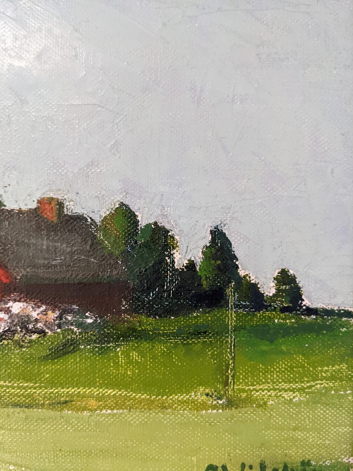 Vintage Mid-Century Modern Swedish Landscape Framed Oil Painting - Red Cottage For Sale 4