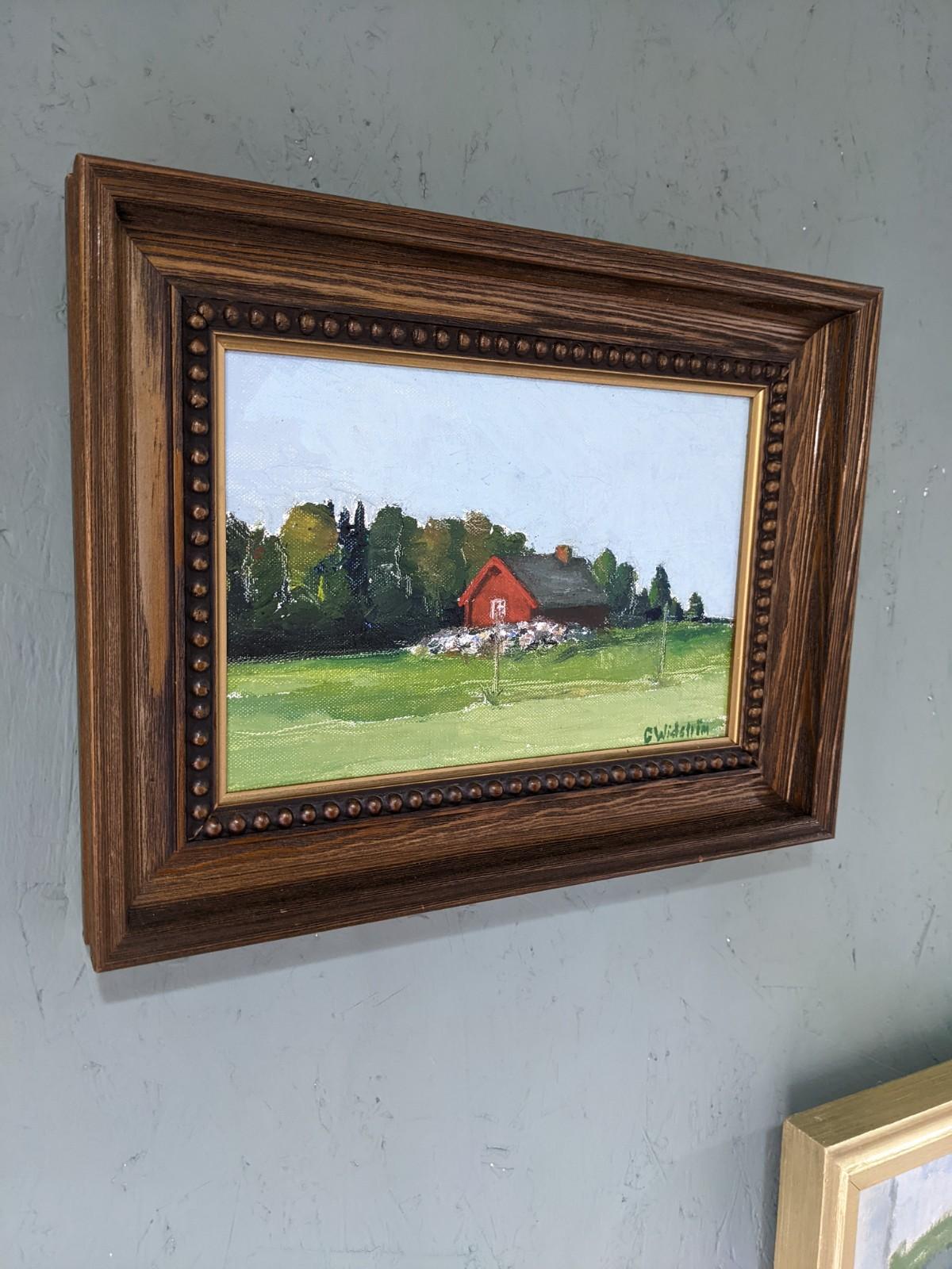 Vintage Mid-Century Modern Swedish Landscape Framed Oil Painting - Red Cottage For Sale 5