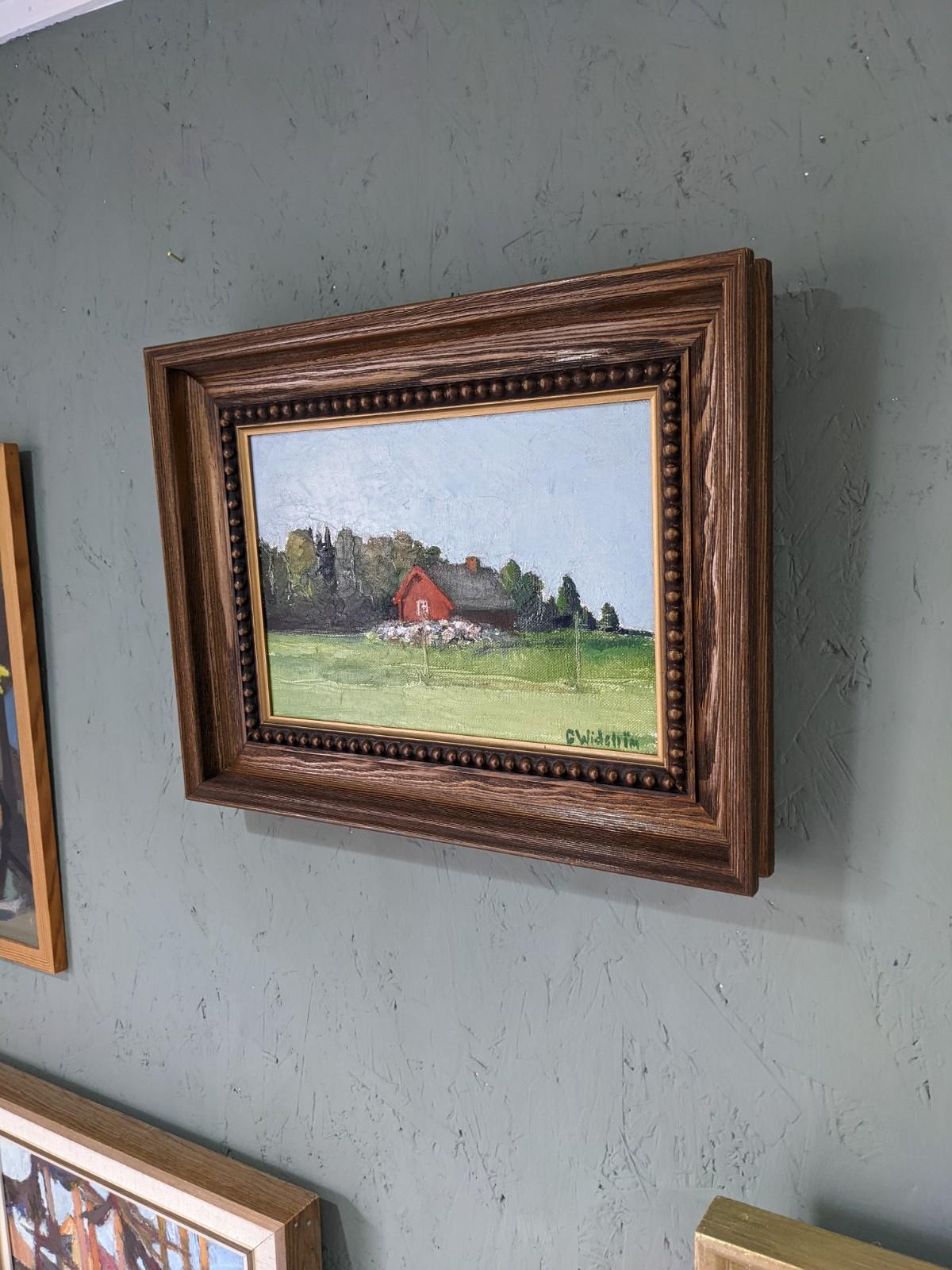 Vintage Mid-Century Modern Swedish Landscape Framed Oil Painting - Red Cottage For Sale 6