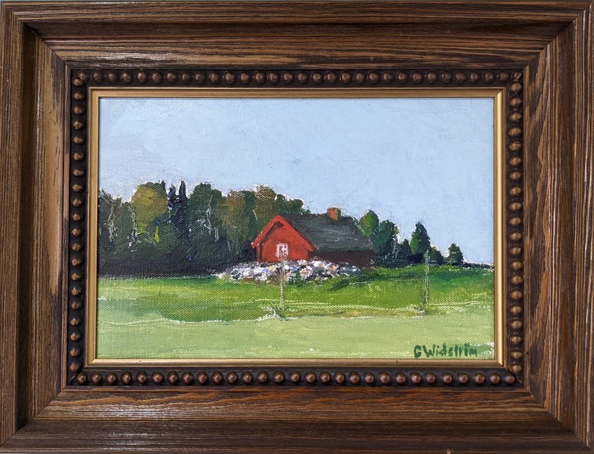 Unknown Landscape Painting - Vintage Mid-Century Modern Swedish Landscape Framed Oil Painting - Red Cottage