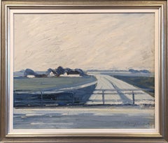 Vintage Mid-Century Modern Swedish Landscape Framed Oil Painting - Restful Blues